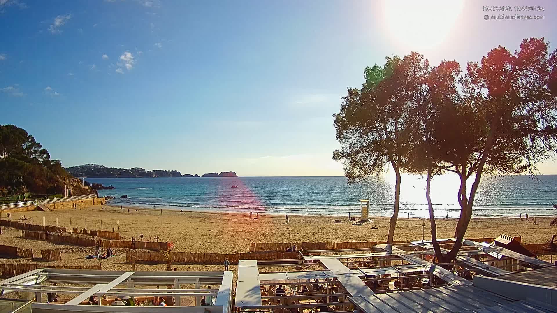A sandy beach with a few people on it, calm ocean waves, and several pine trees in the foreground under a mostly sunny sky.