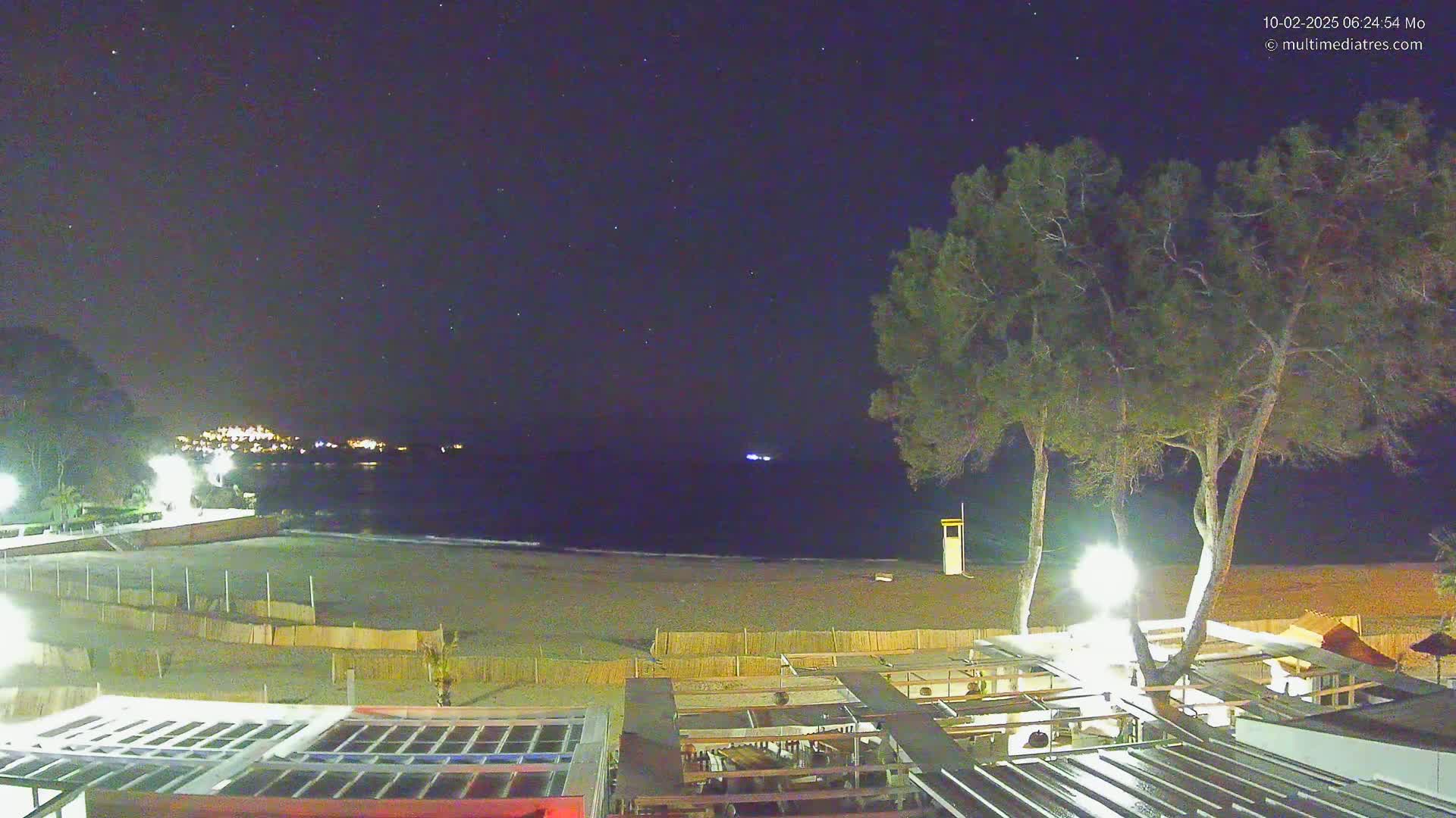 A nighttime view of a beach with a dark ocean, a starry sky, and several trees illuminated by lights near a building.