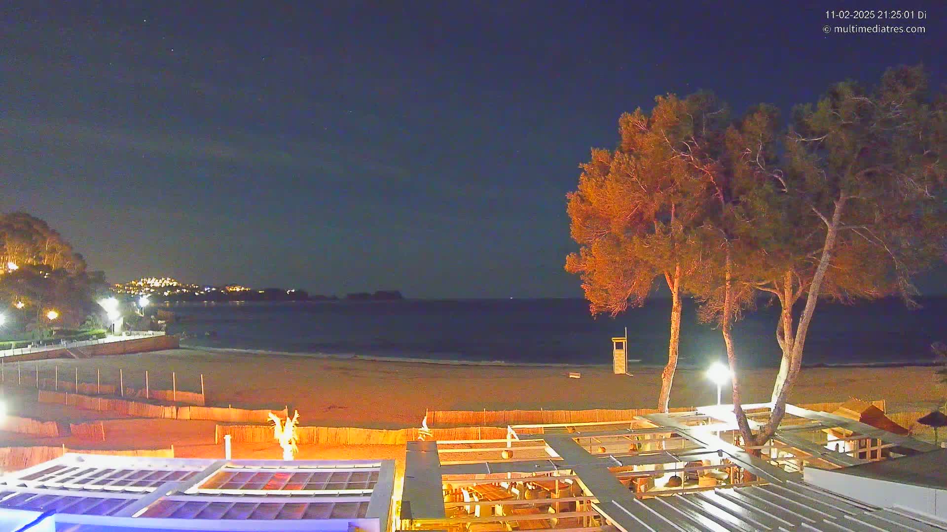 A nighttime view of a beach with a building and trees, under a clear, starry sky.