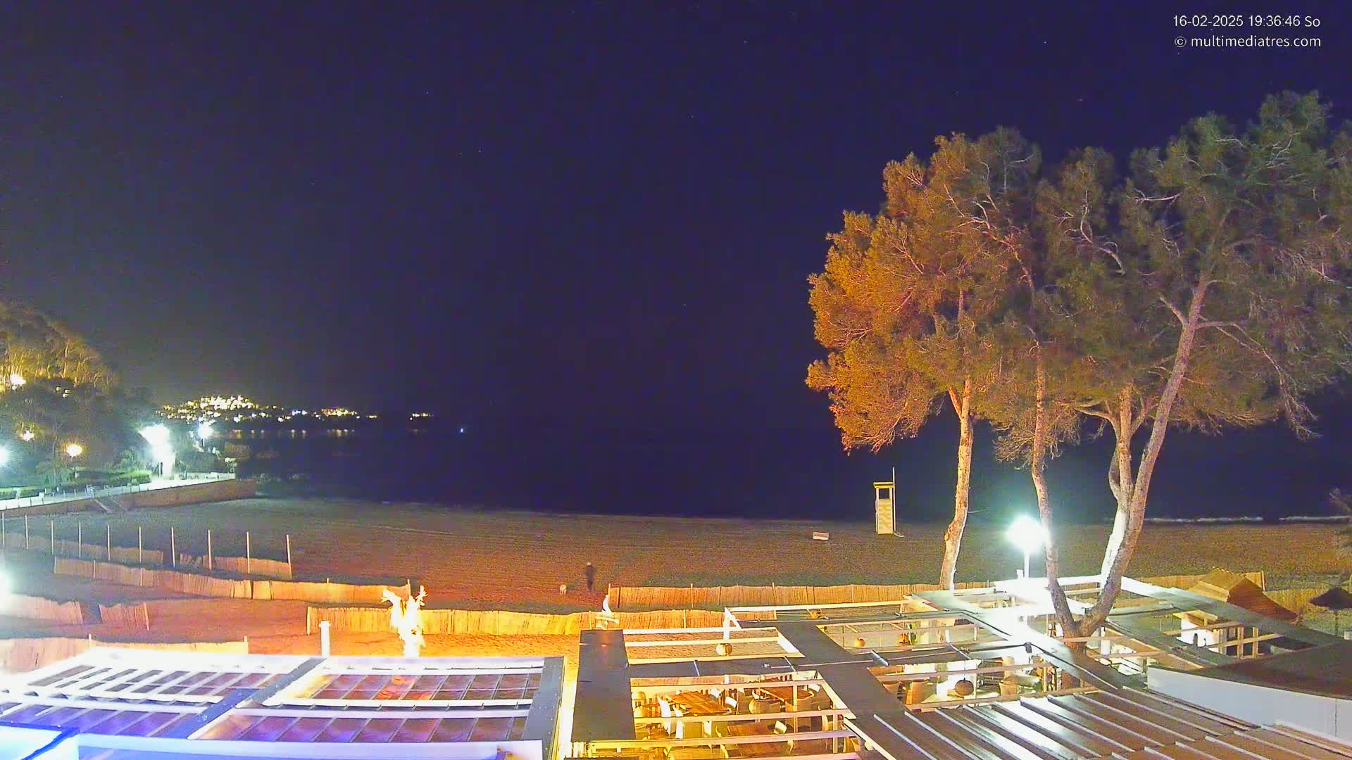 A nighttime view of a beach with a restaurant and several trees under a clear, starry sky.