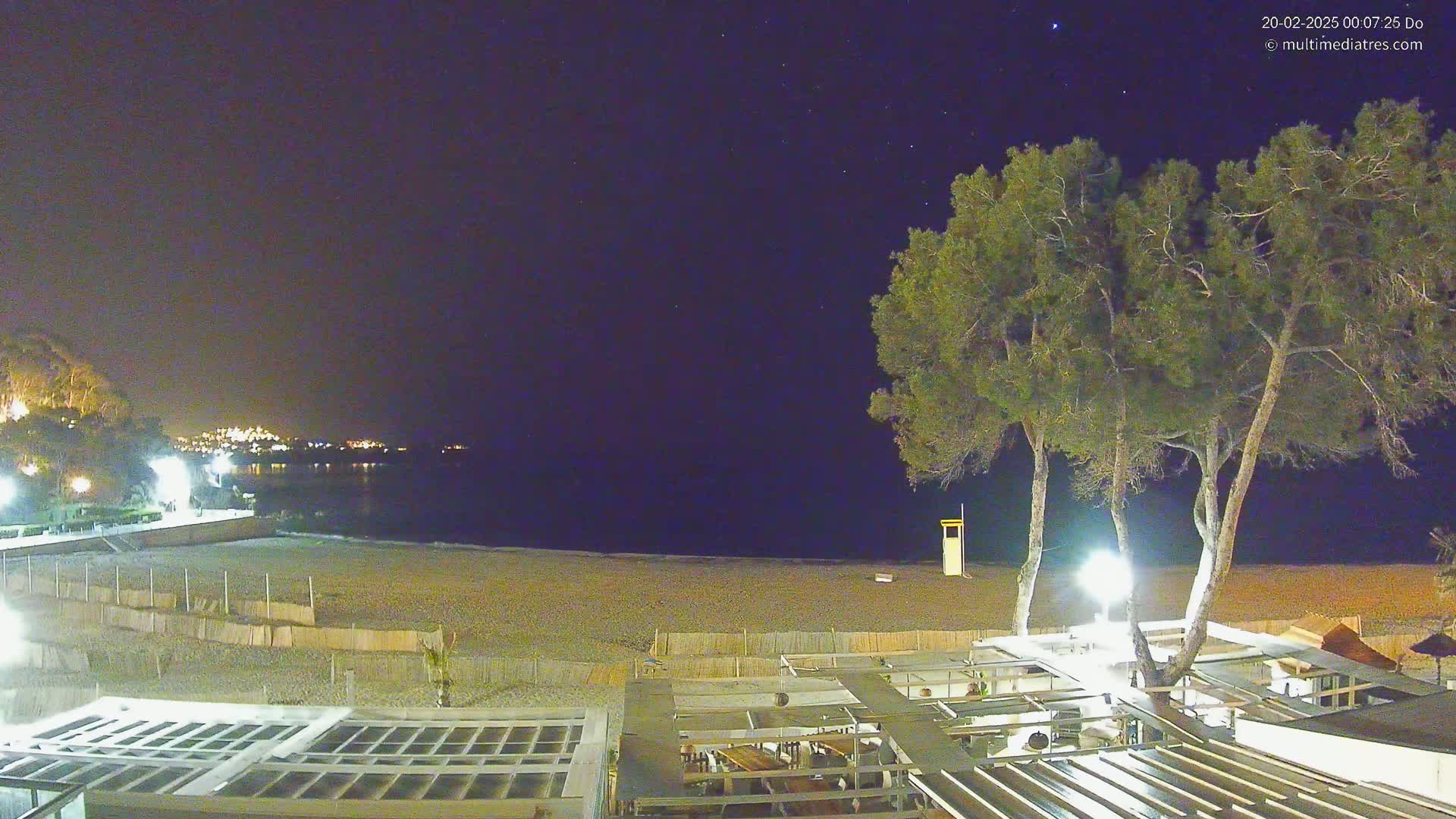 A nighttime view of a beach with a dark, starry sky, several illuminated trees near a beachfront restaurant, and a calm body of water in the background.