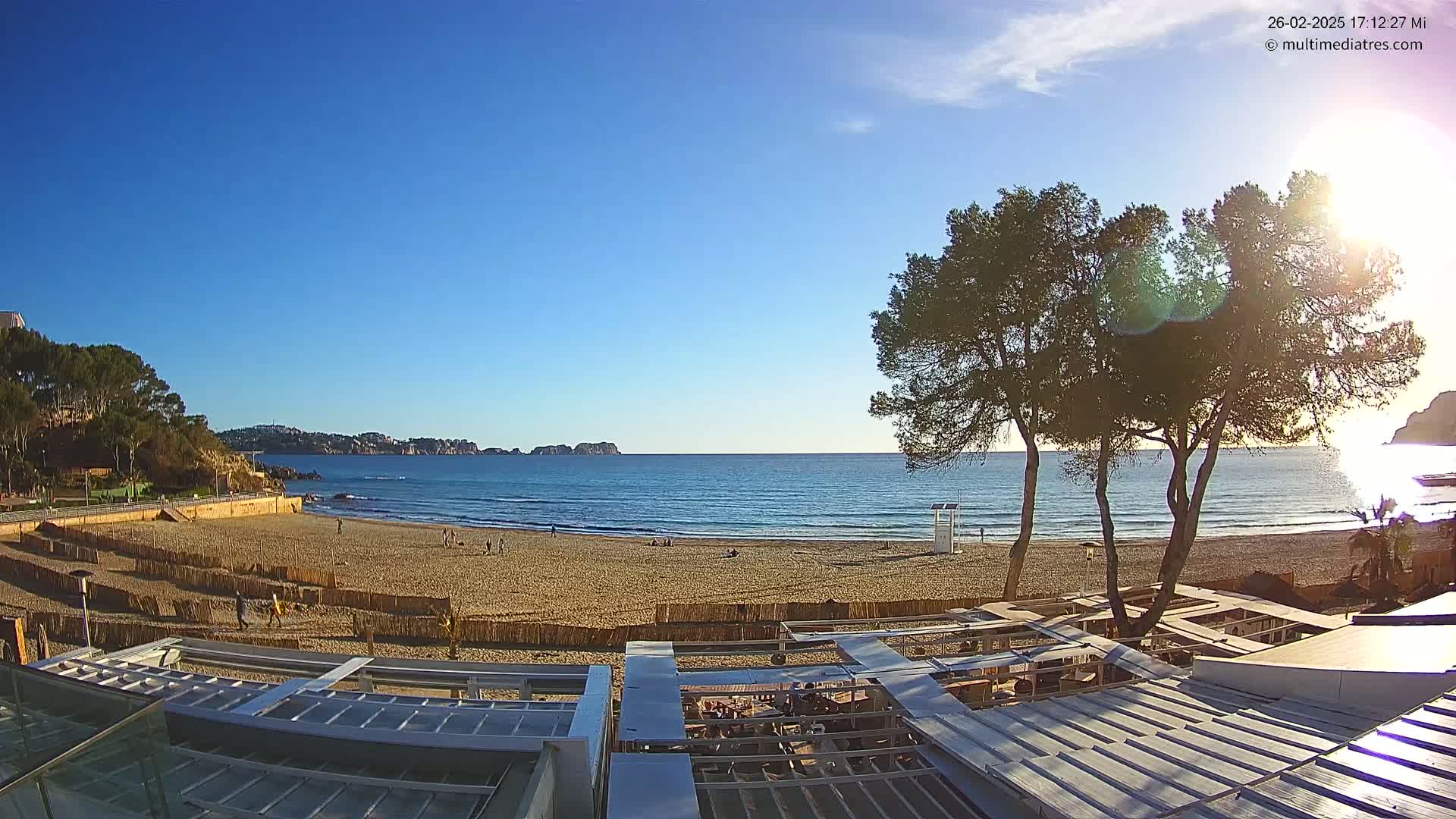 A sandy beach with a few people on it, backed by trees and buildings, overlooks a calm sea under a clear blue sky.