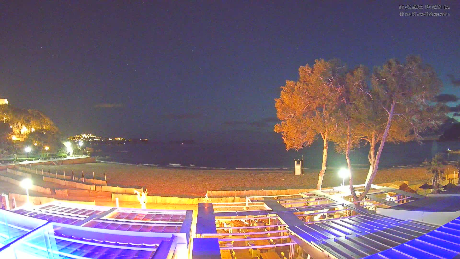 A nighttime view of a beach, illuminated by artificial lights, with several trees in the foreground and a calm sea under a starry sky.