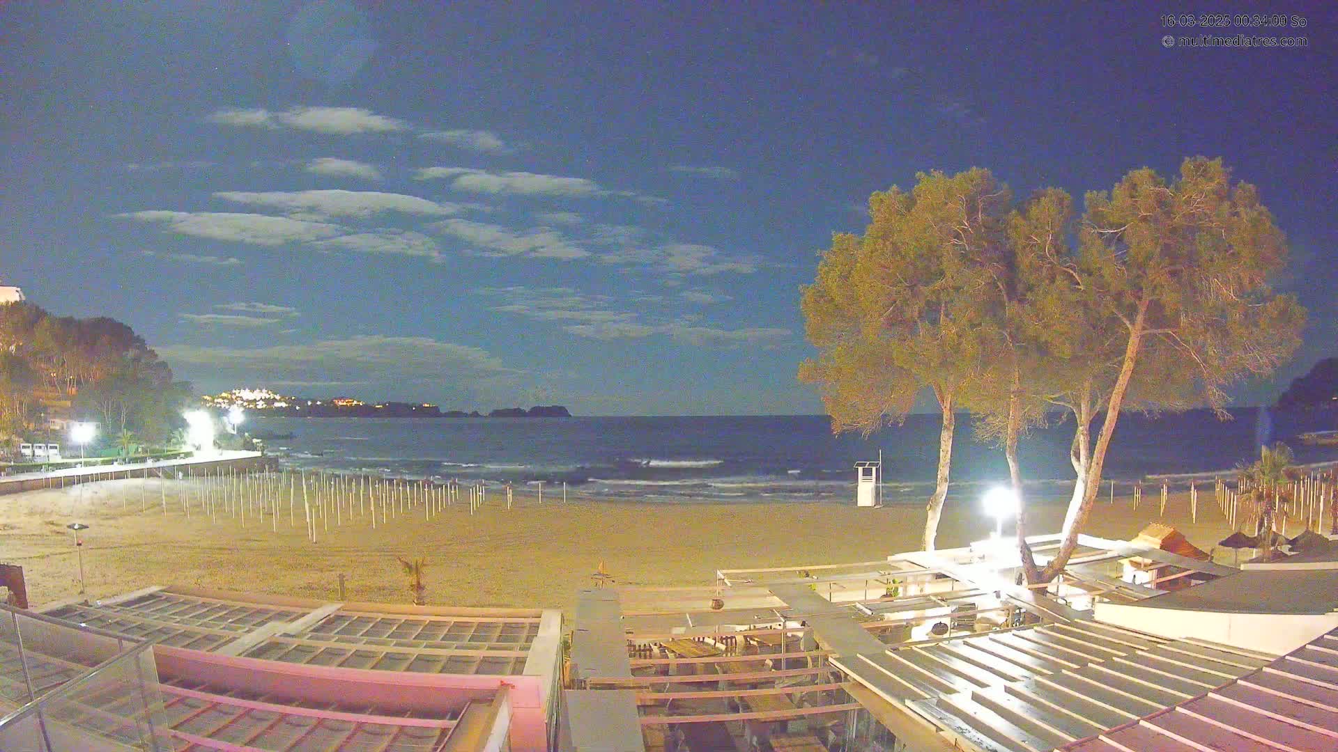 A mostly clear night sky illuminates a sandy beach with calm waves, several trees, and beachside structures.