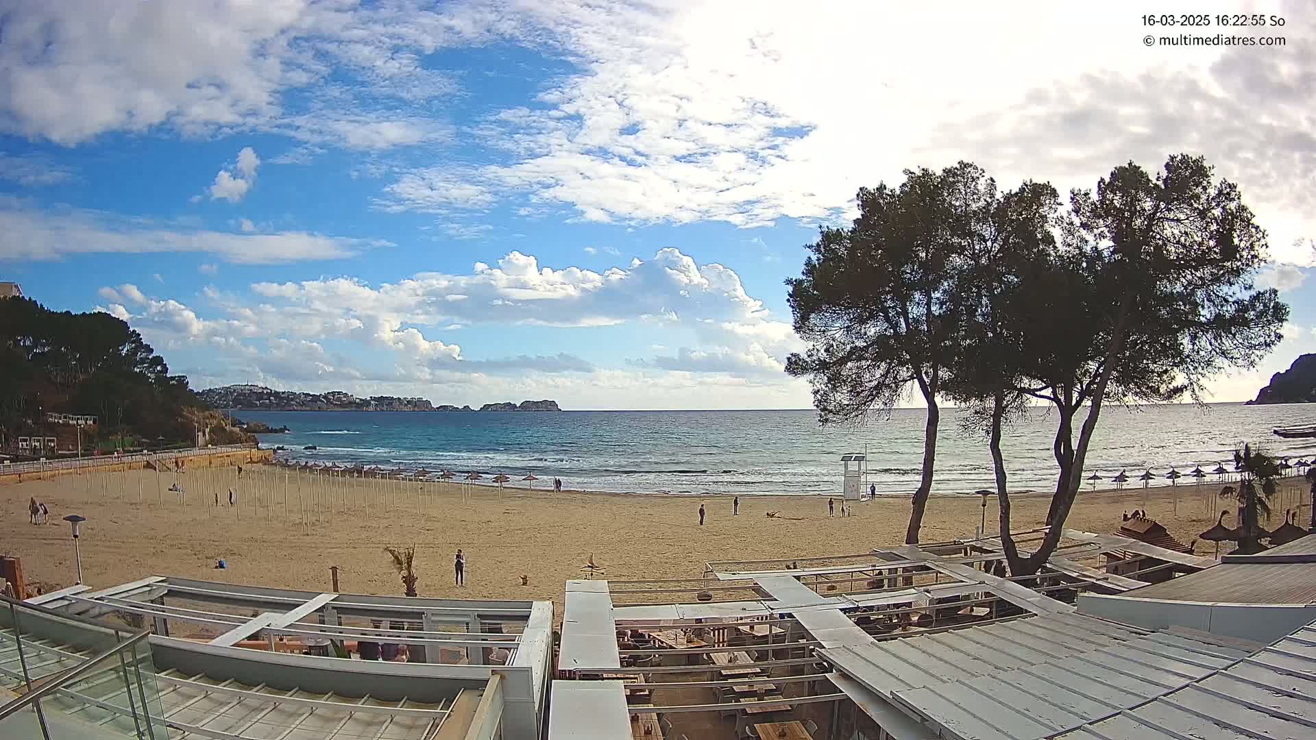 A mostly sunny day at a sandy beach with calm ocean waves, some people on the beach, and several trees in the foreground.