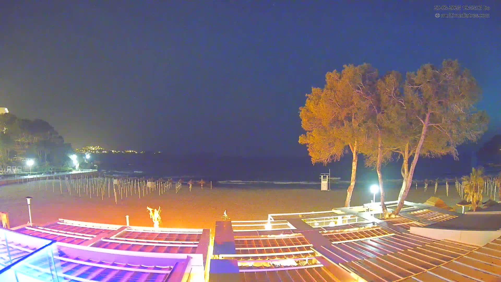 A nighttime beach scene shows a sandy shoreline with calm waves, several illuminated beach umbrellas, and three tall trees near a brightly lit outdoor patio area.