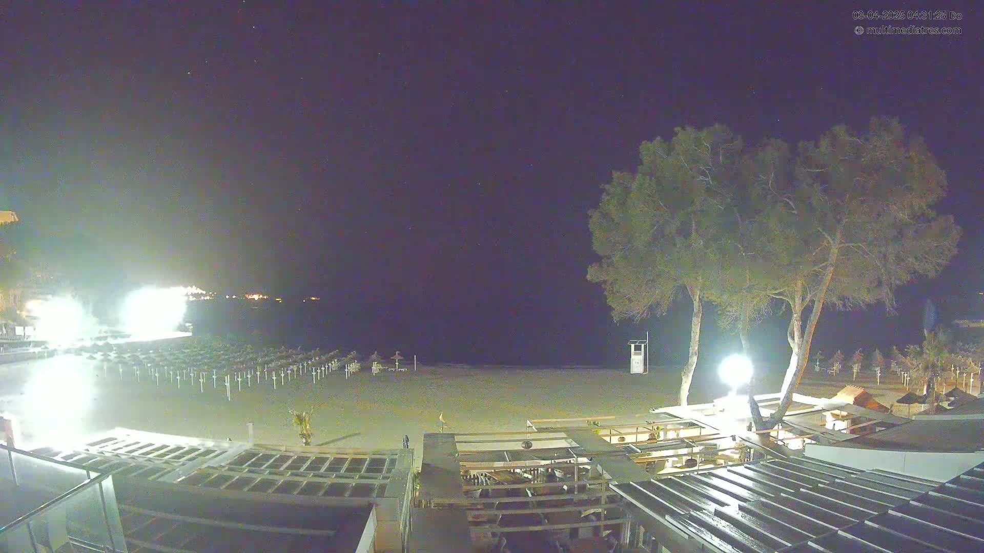 A mostly empty sandy beach at night is illuminated by lights, with rows of closed beach umbrellas and a few trees visible under a clear, starry sky.