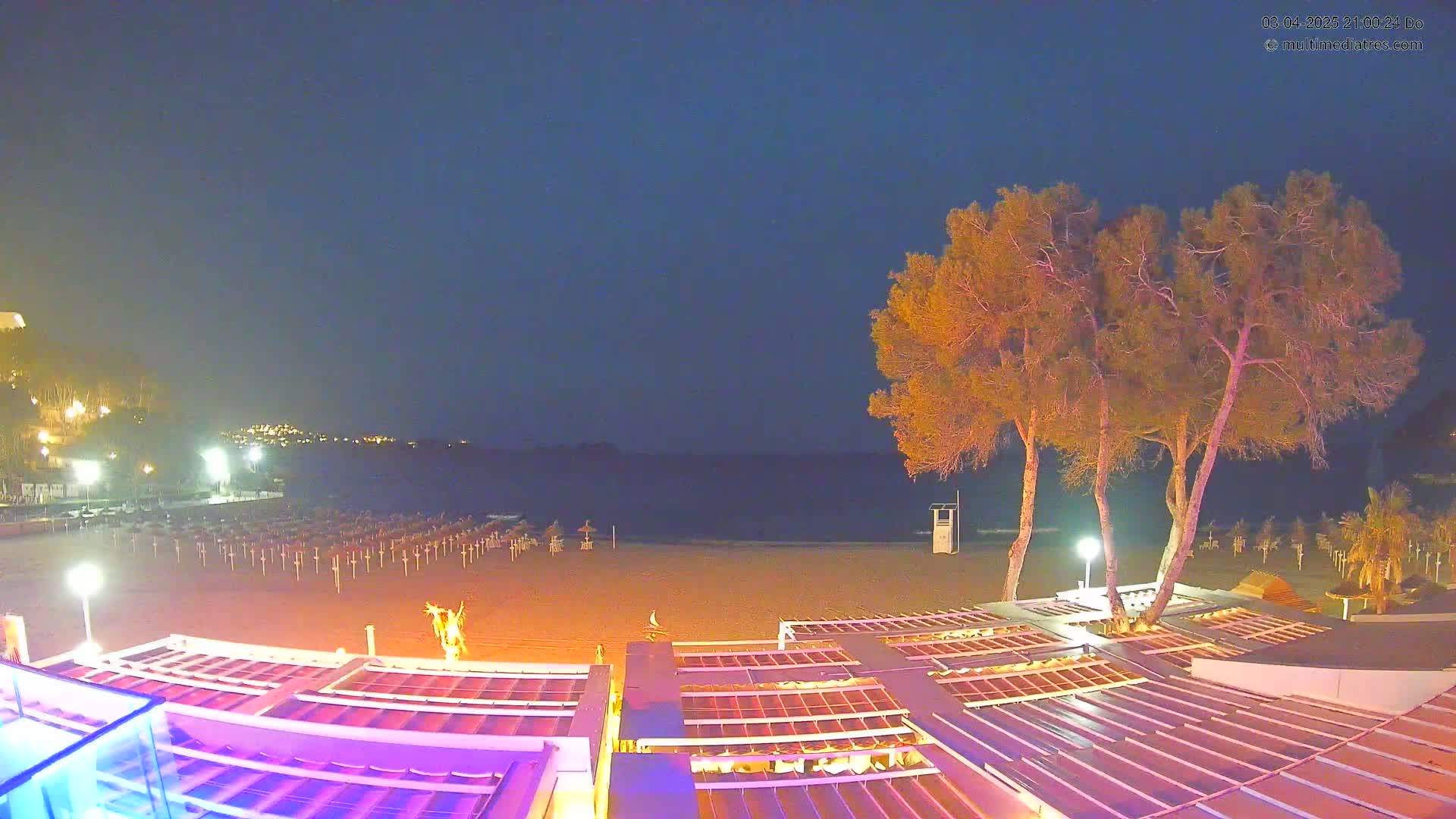 A nighttime beach scene shows a sandy shore with closed beach umbrellas, a few illuminated buildings, and three tall, slender trees under a clear, dark blue sky.