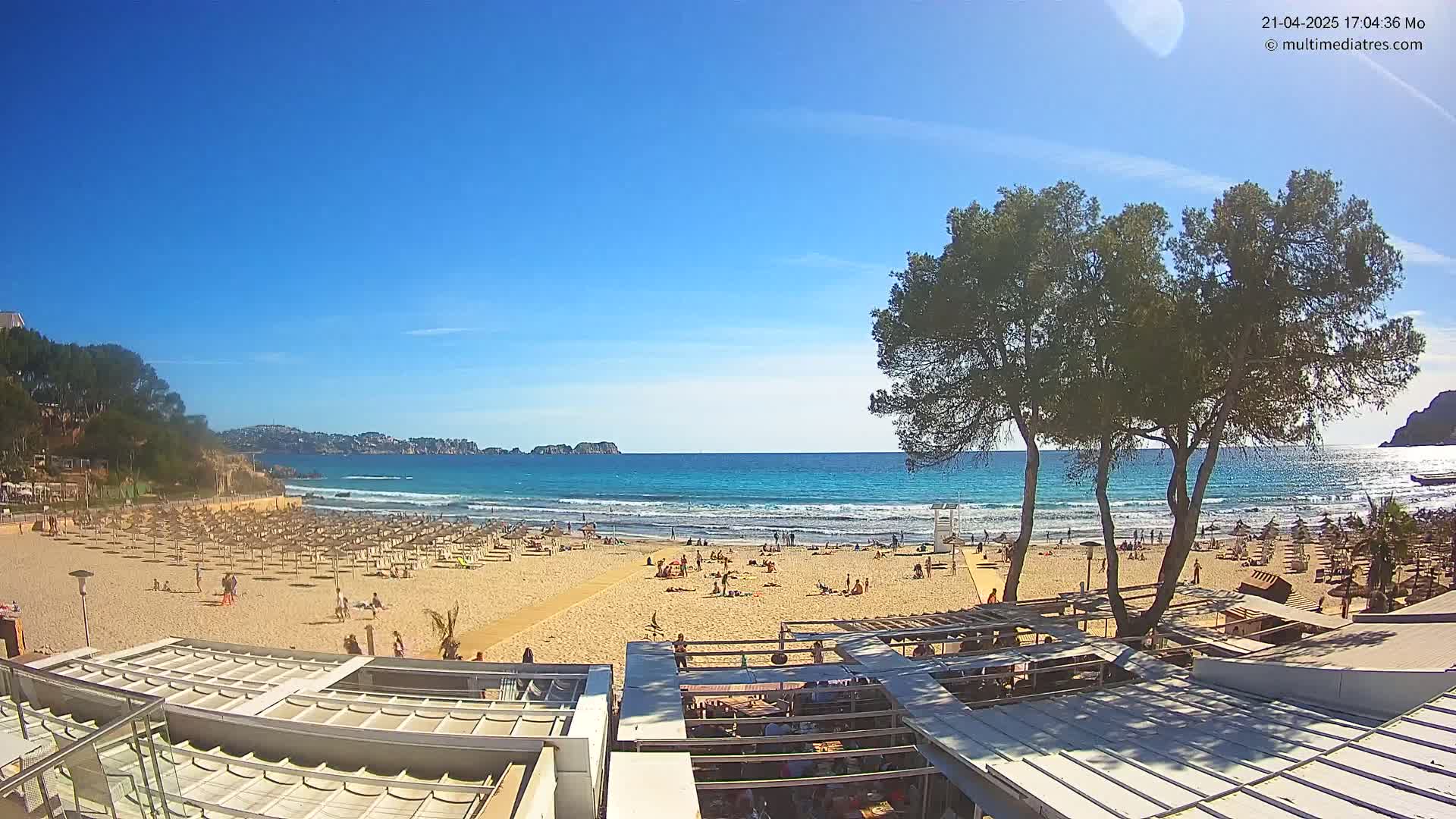A sandy beach with numerous umbrellas and sunbathers is shown under a clear blue sky, with calm ocean waves lapping the shore and several trees framing the view.
