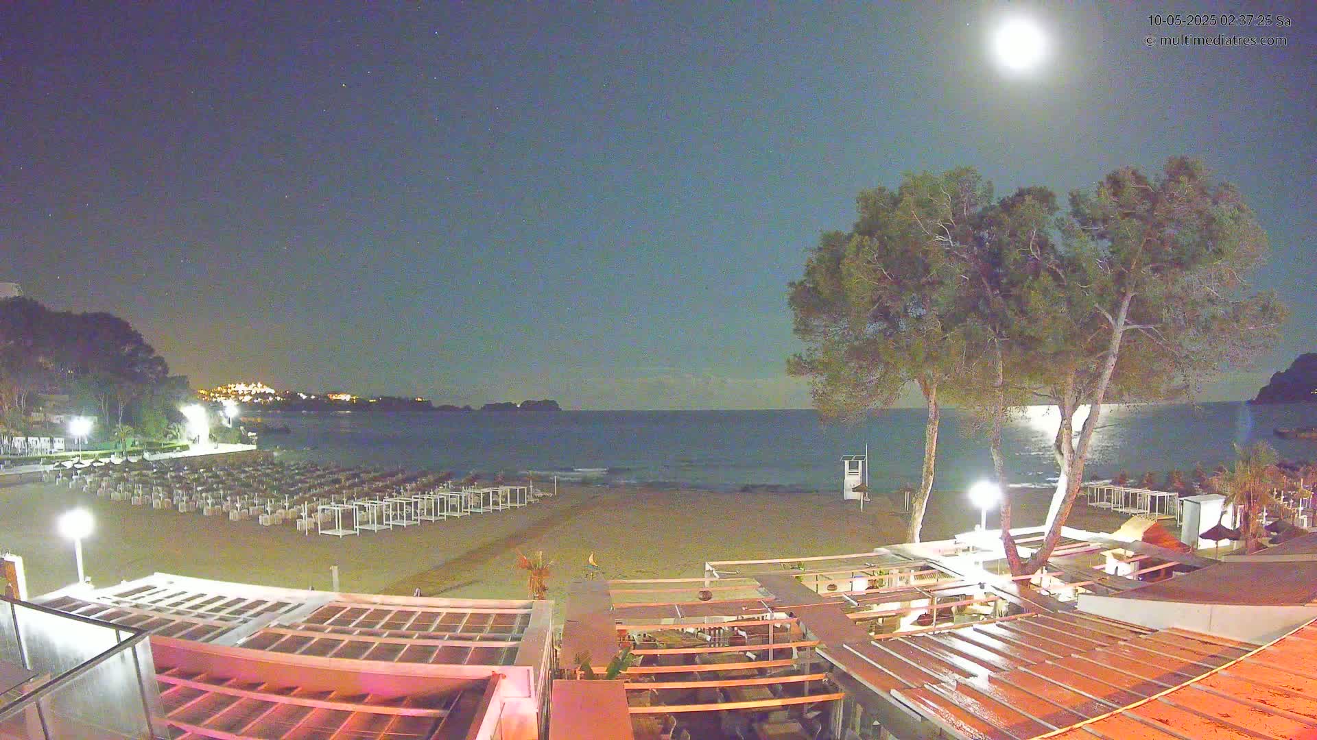 A nighttime beach scene under a bright moon shows rows of beach chairs, a calm sea, and trees silhouetted against the sky.