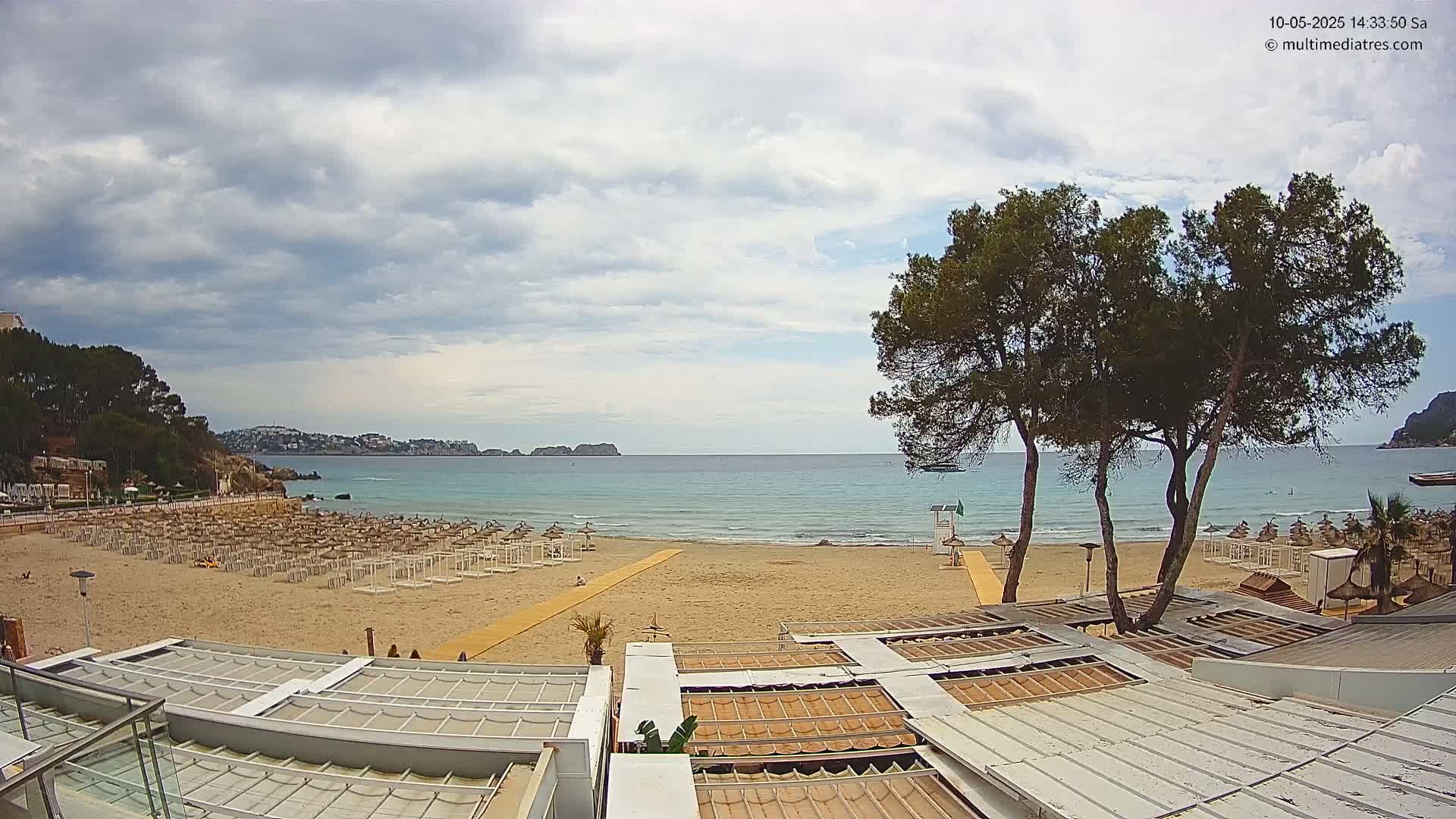 A sandy beach with rows of beach umbrellas, several trees, and a calm, turquoise ocean under a partly cloudy sky.