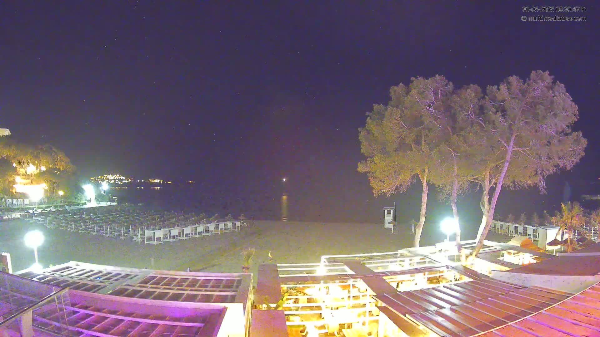A nighttime view of a beach with rows of beach chairs, a calm sea, and several illuminated trees near a building with outdoor seating under a clear, starry sky.