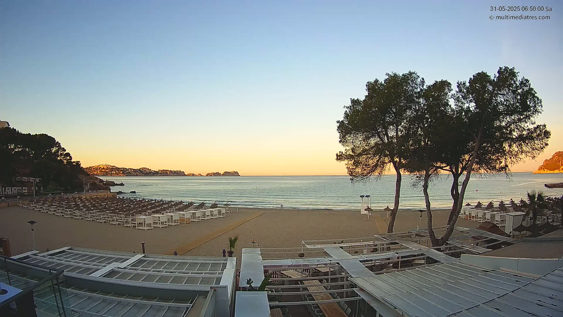 A sandy beach with rows of white beach chairs and umbrellas is situated near a calm ocean at sunrise, with dark green trees in the foreground and hills in the background.