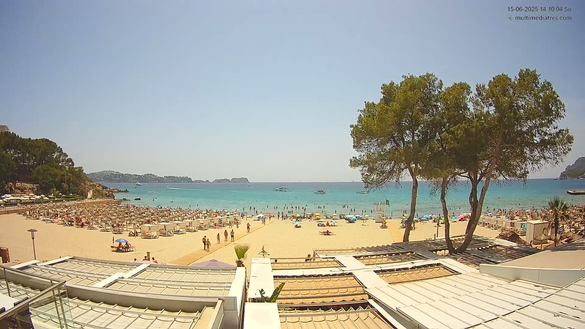 A sunny day at a crowded beach with calm, clear turquoise water, showing people relaxing on the sand under umbrellas and beach chairs, with two pine trees in the foreground and a resort-style building in the lower-left corner.