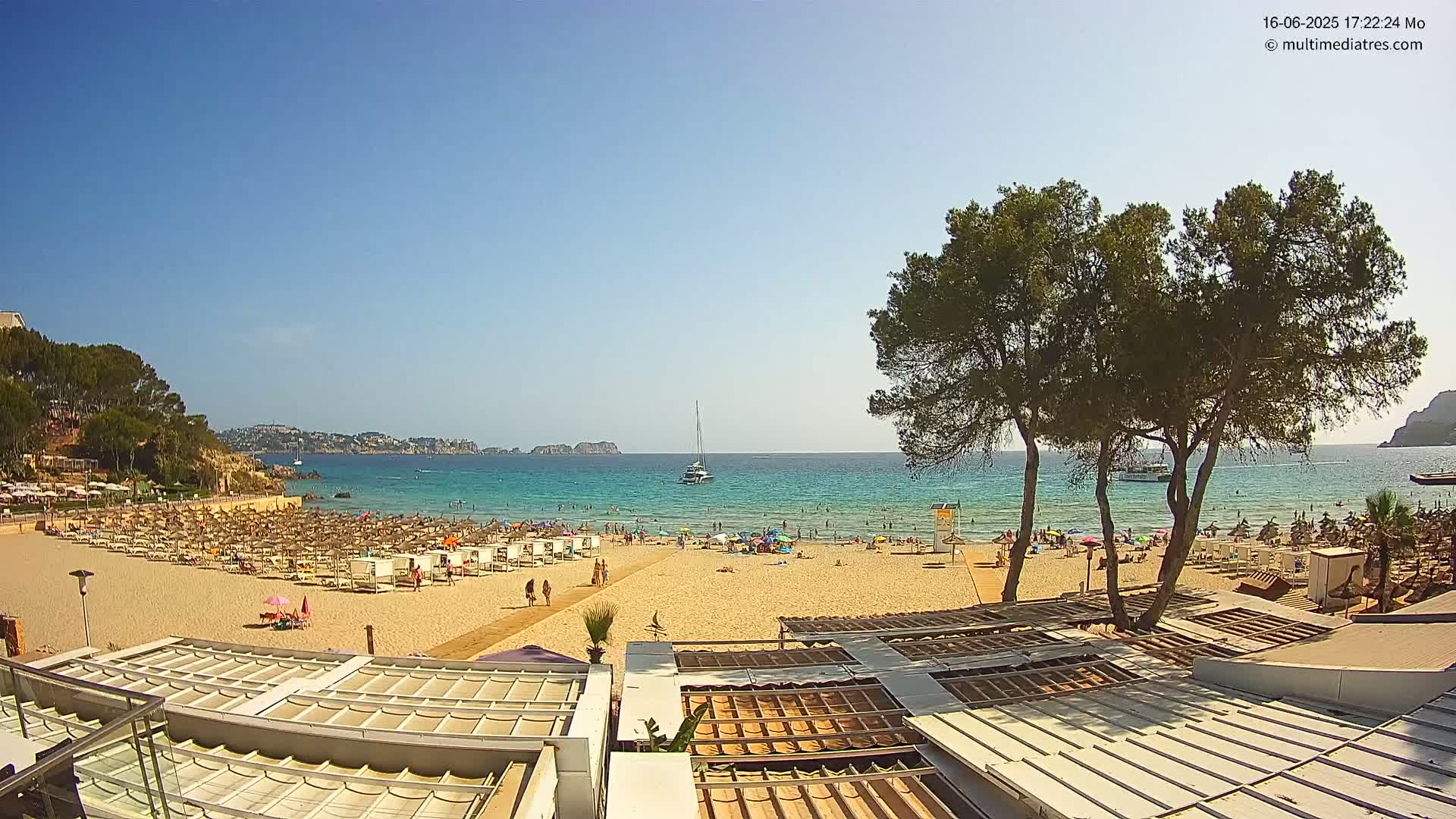 A sandy beach with numerous people and beach umbrellas is situated next to a calm, turquoise ocean under a clear blue sky, with several pine trees in the foreground and a sailboat visible in the distance.