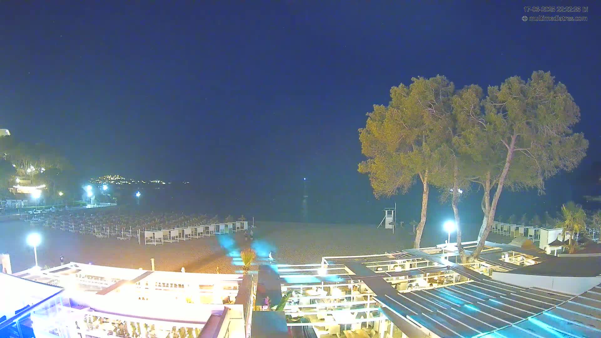 A nighttime view of a beach with rows of closed beach umbrellas, illuminated buildings, and several tall trees under a clear, dark blue sky.