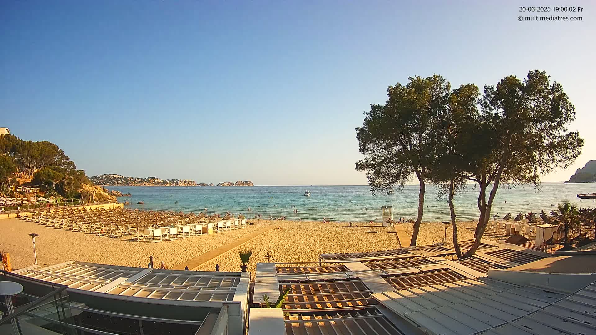 A sandy beach with numerous lounge chairs and umbrellas stretches along a calm, clear turquoise sea under a bright, sunny sky, with dark green trees in the foreground.