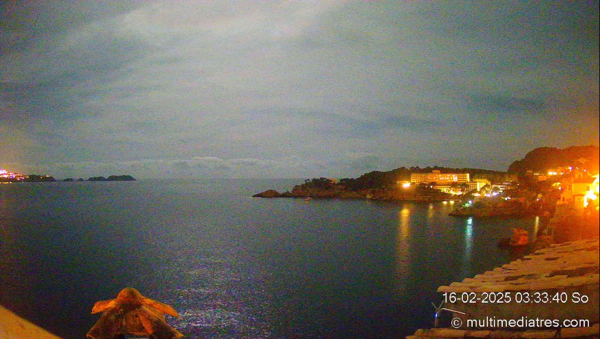 A nighttime coastal scene shows a dark body of water reflecting the lights of buildings on a hill under an overcast sky.