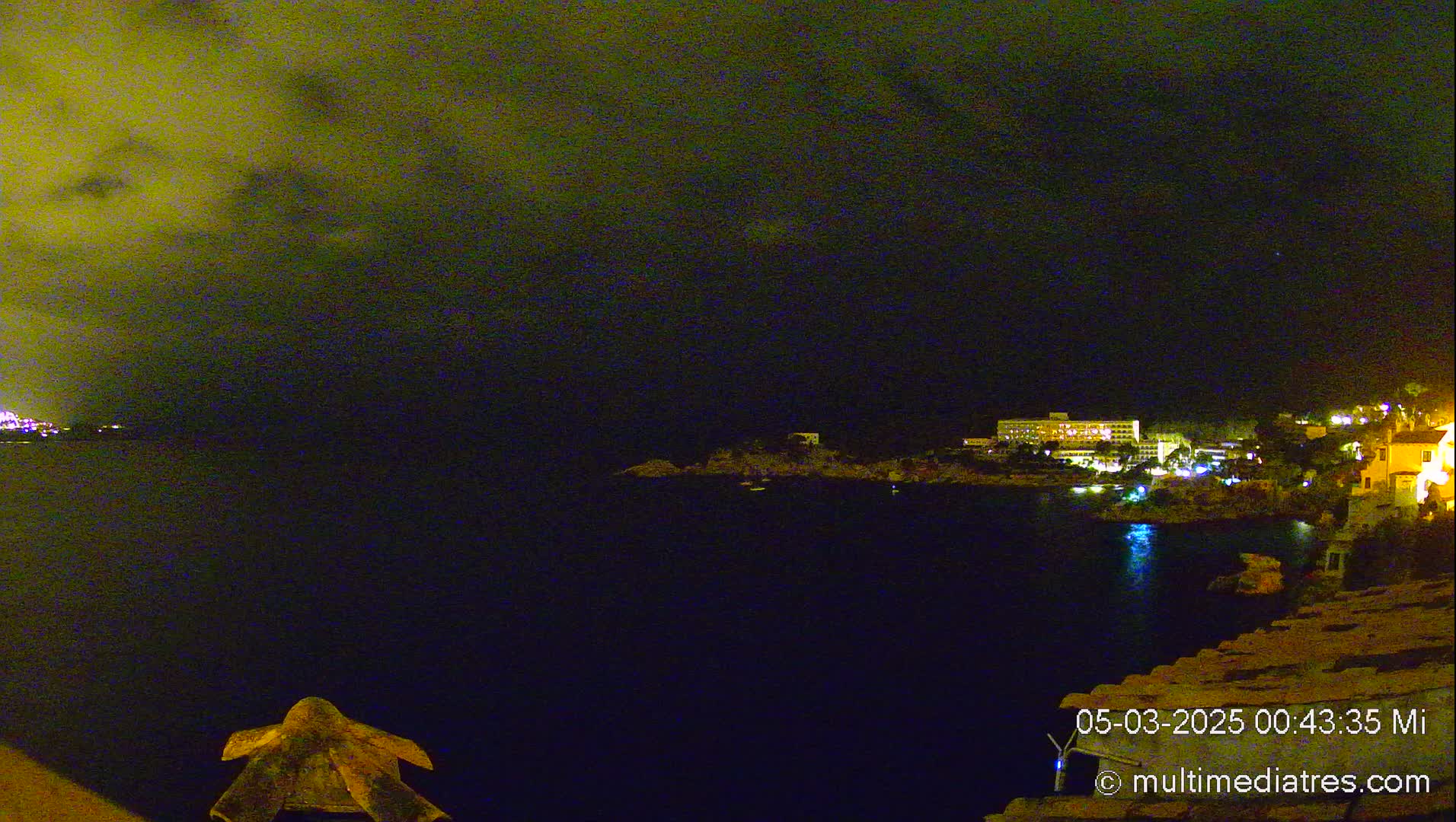A nighttime view of a dark body of water with illuminated buildings and vegetation along the shore under a cloudy sky.