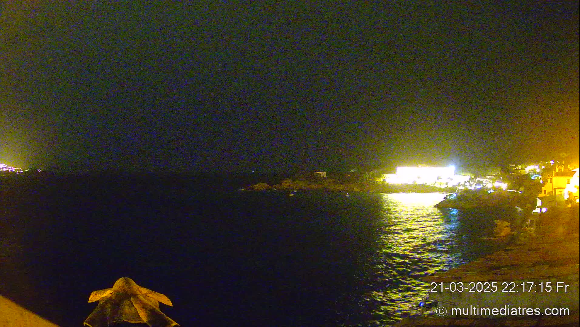 A nighttime view of a calm body of water with illuminated buildings and vegetation on the opposite shore.