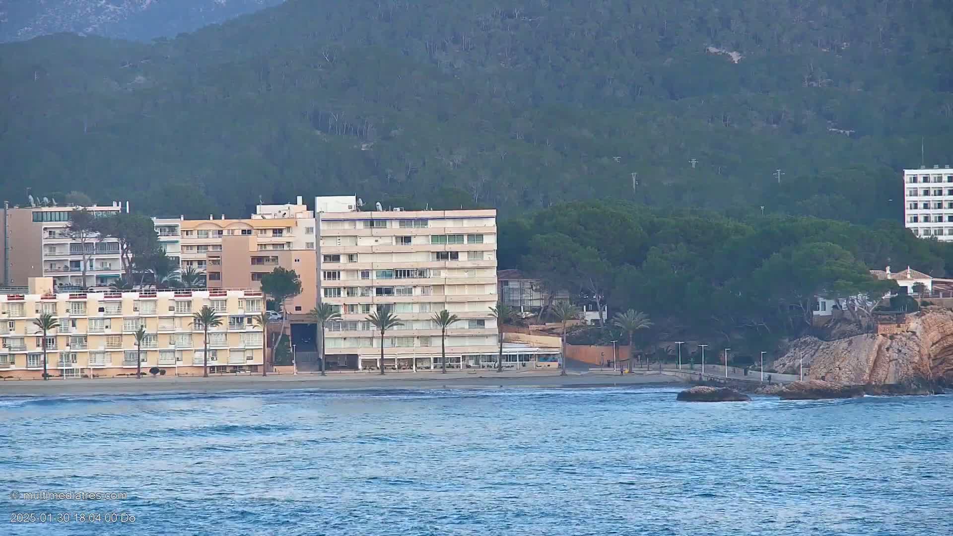 A beachfront view shows several multi-story buildings, palm trees, and a rocky shoreline with calm ocean waves under a clear sky.
