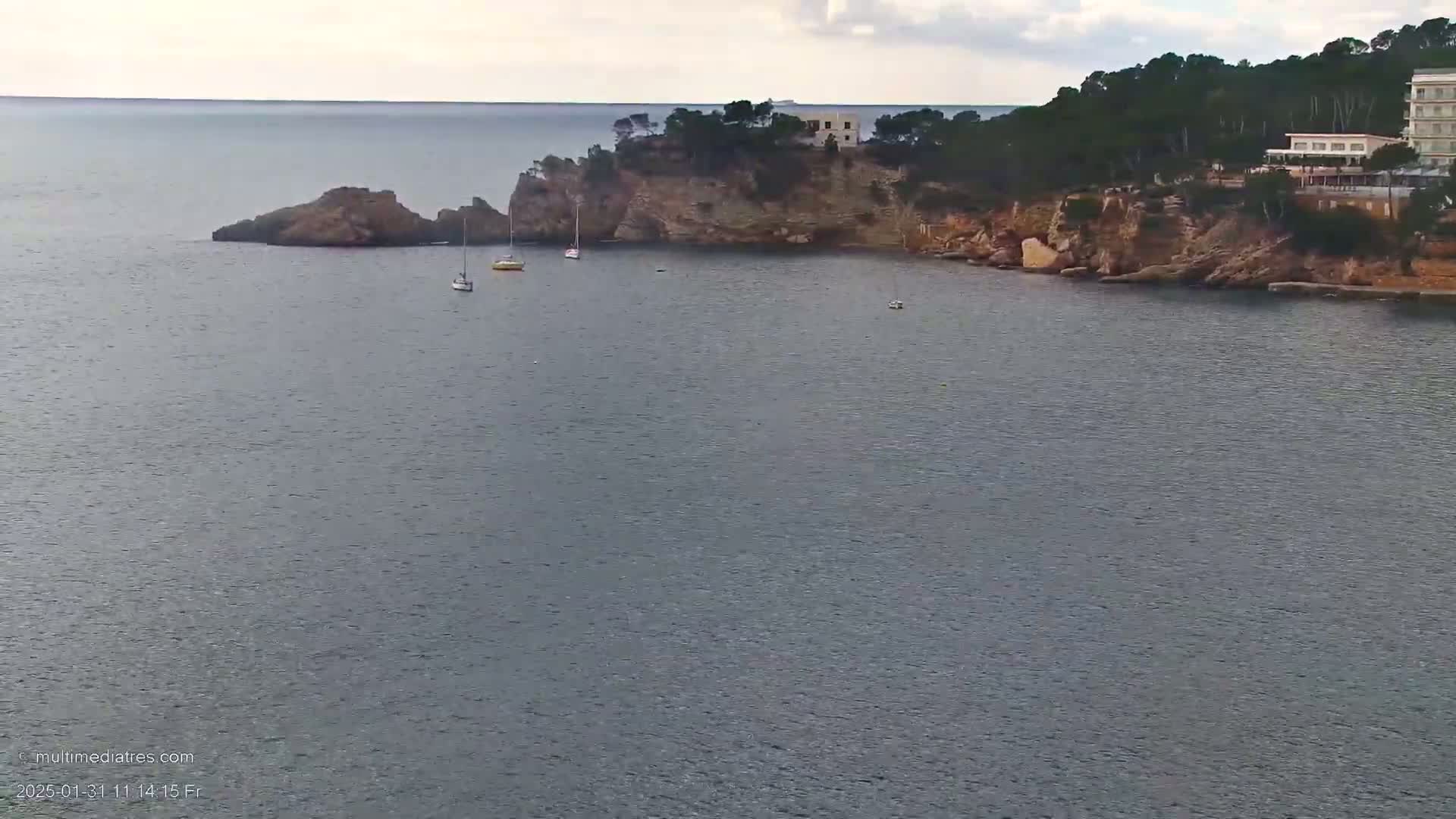 A calm, gray sea laps against a rocky coastline dotted with a few sailboats, a small building, and a stand of dark green trees under a cloudy sky.
