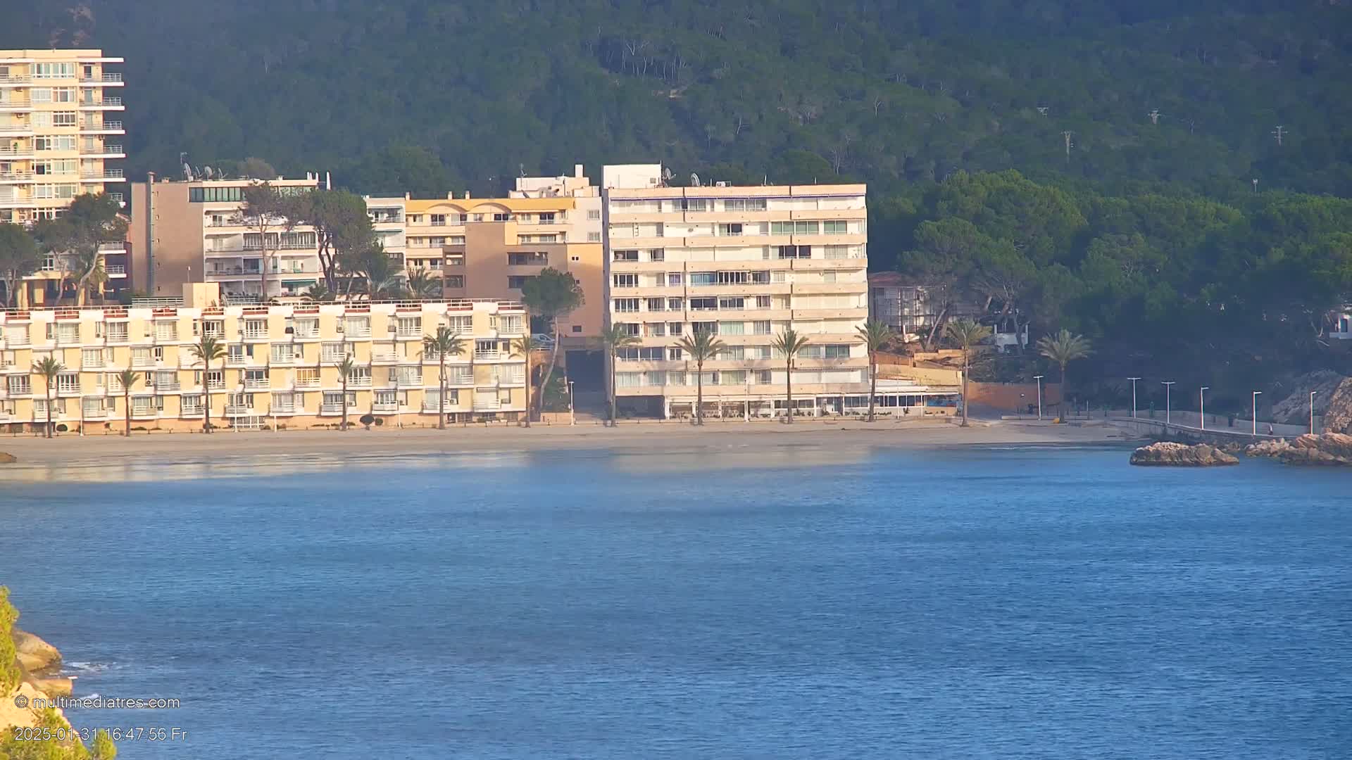 Several multi-story buildings line a sandy beach next to calm blue water, backed by a hill covered in dark green trees under a clear sky.