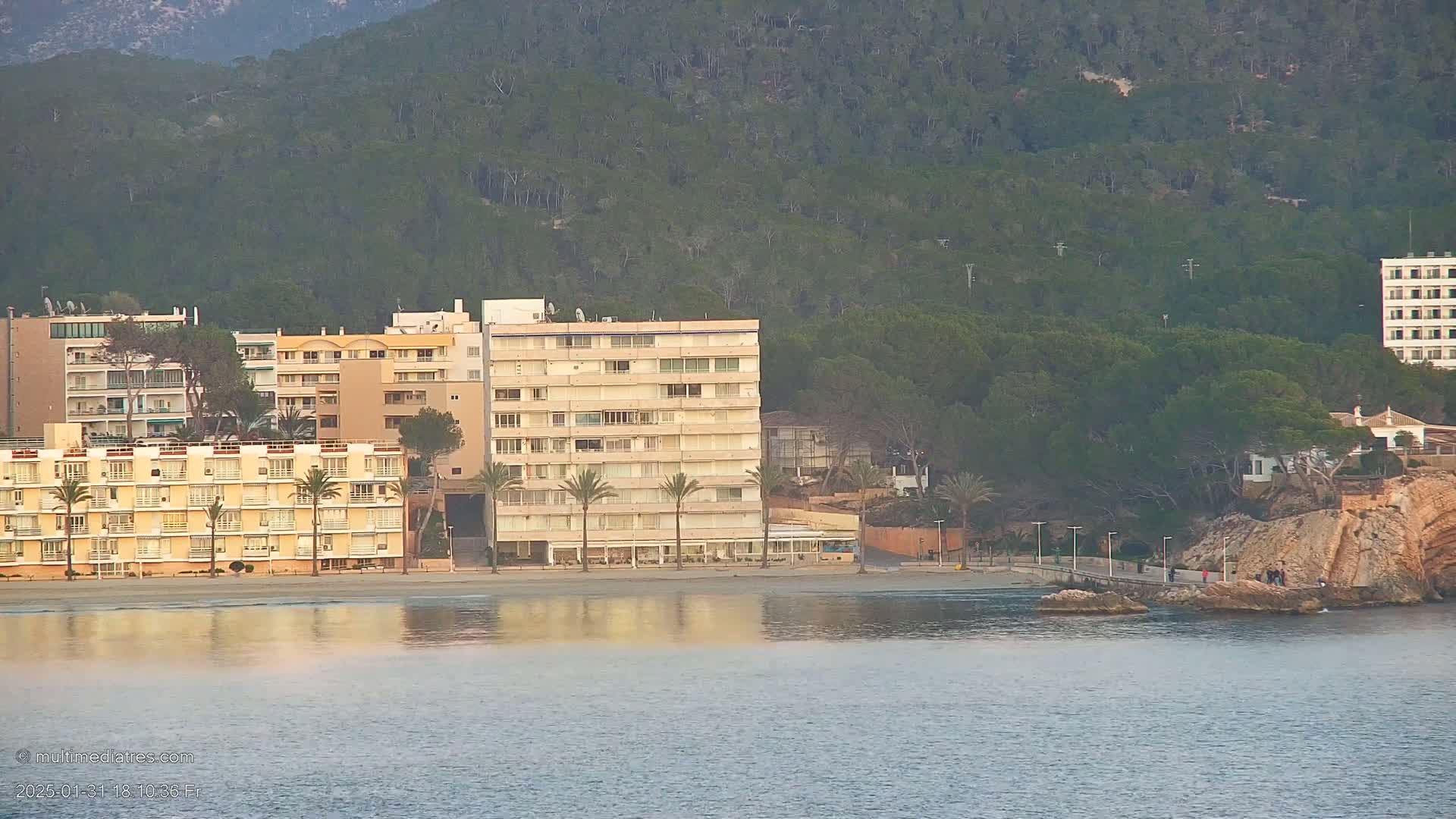 A beachfront row of apartment buildings sits below a densely wooded hillside overlooking calm water.