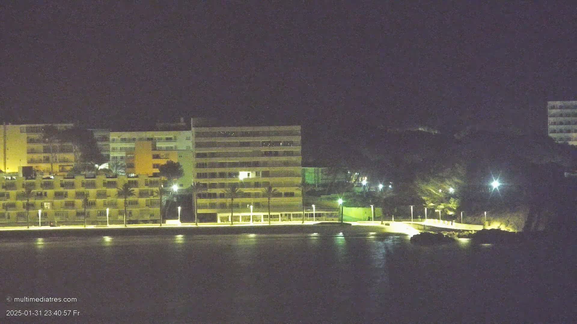 A line of illuminated buildings sits beside a dark body of water at night, with palm trees lining the waterfront.