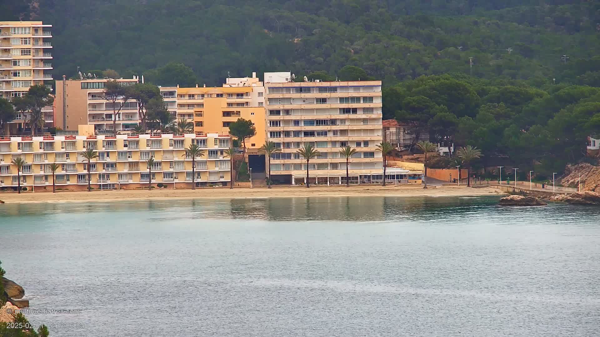 A calm bay with a sandy beach lined with multi-story buildings and palm trees, backed by a forested hillside, under an overcast sky.