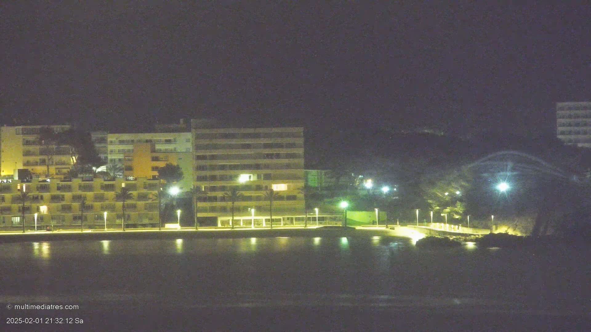 A nighttime waterfront scene shows several multi-story buildings illuminated with exterior lights, palm trees lining a walkway along the water's edge, and calm water reflecting the lights.