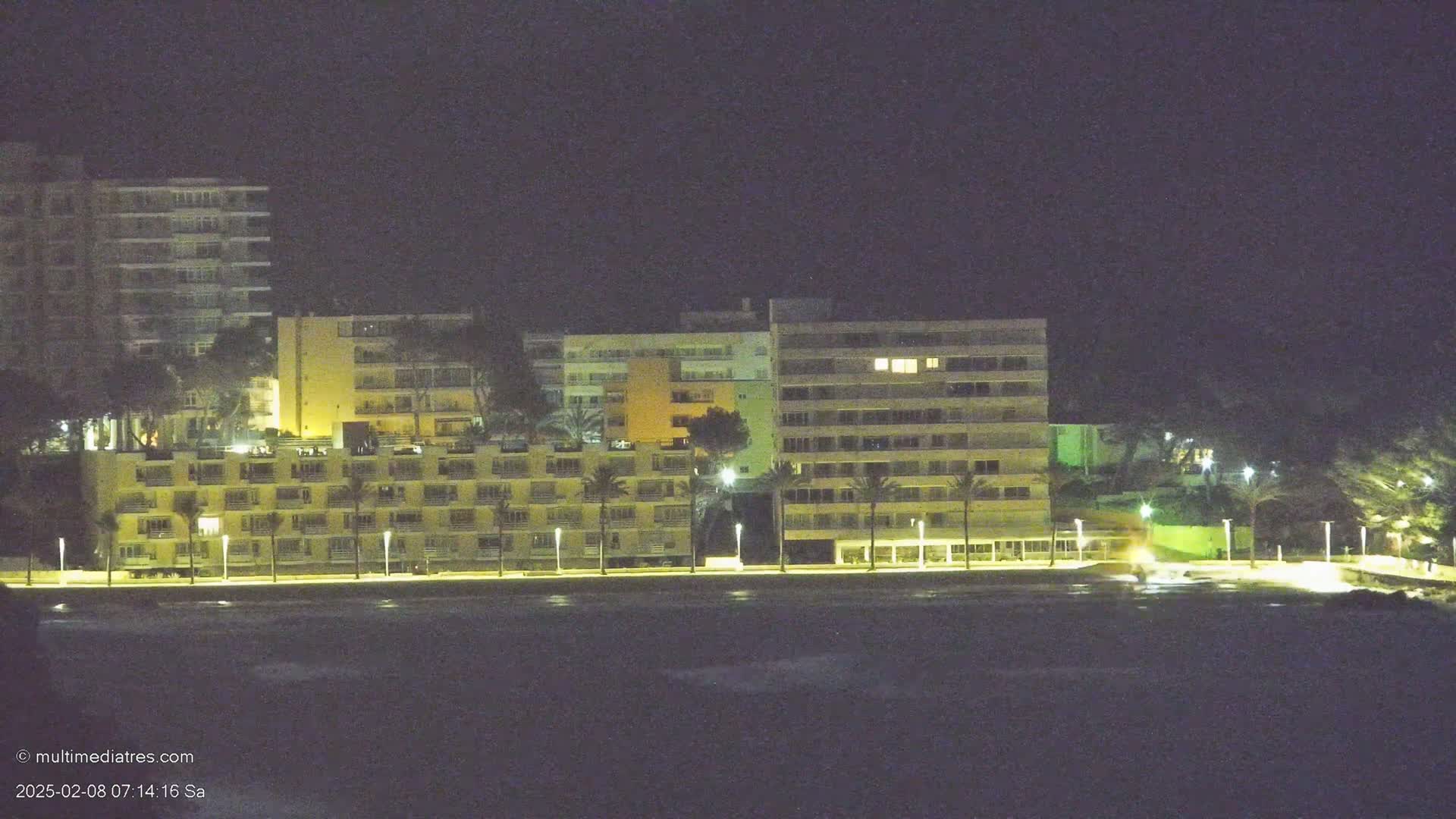 A row of illuminated apartment buildings stands along a dark shoreline at night.
