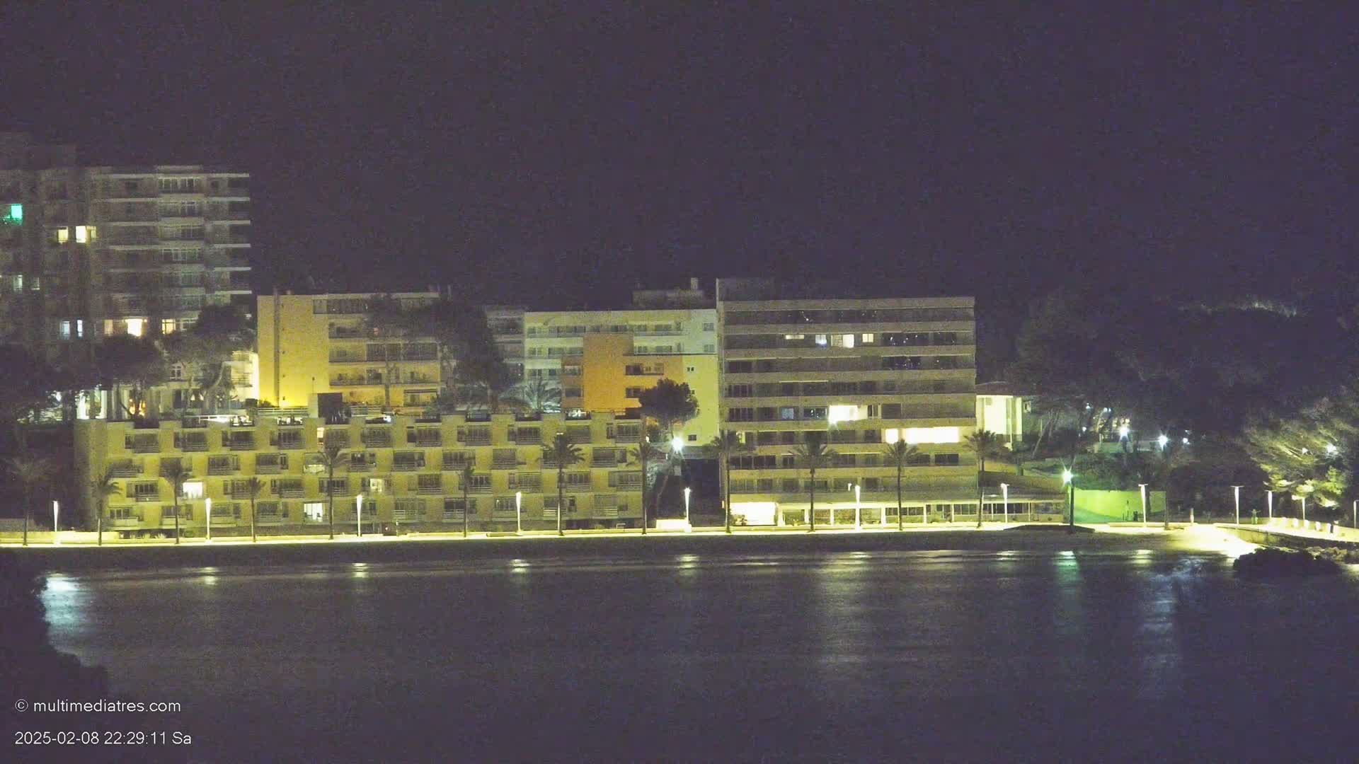 At night, several illuminated multi-story buildings line a waterfront, with palm trees along the shore and dark hills behind them.