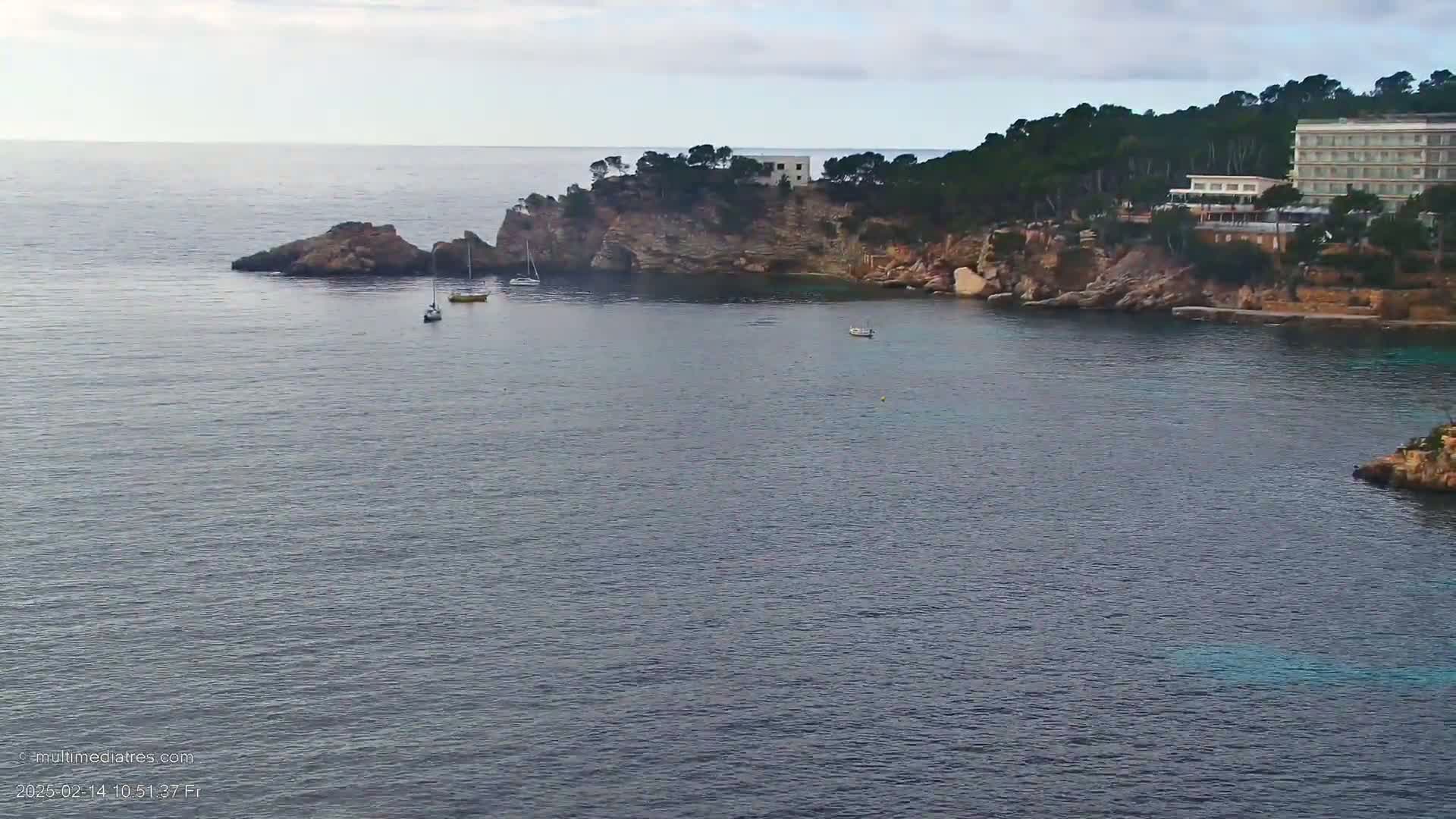 A calm sea laps against a rocky coastline, where a few sailboats are anchored near a hotel nestled among pine trees under an overcast sky.