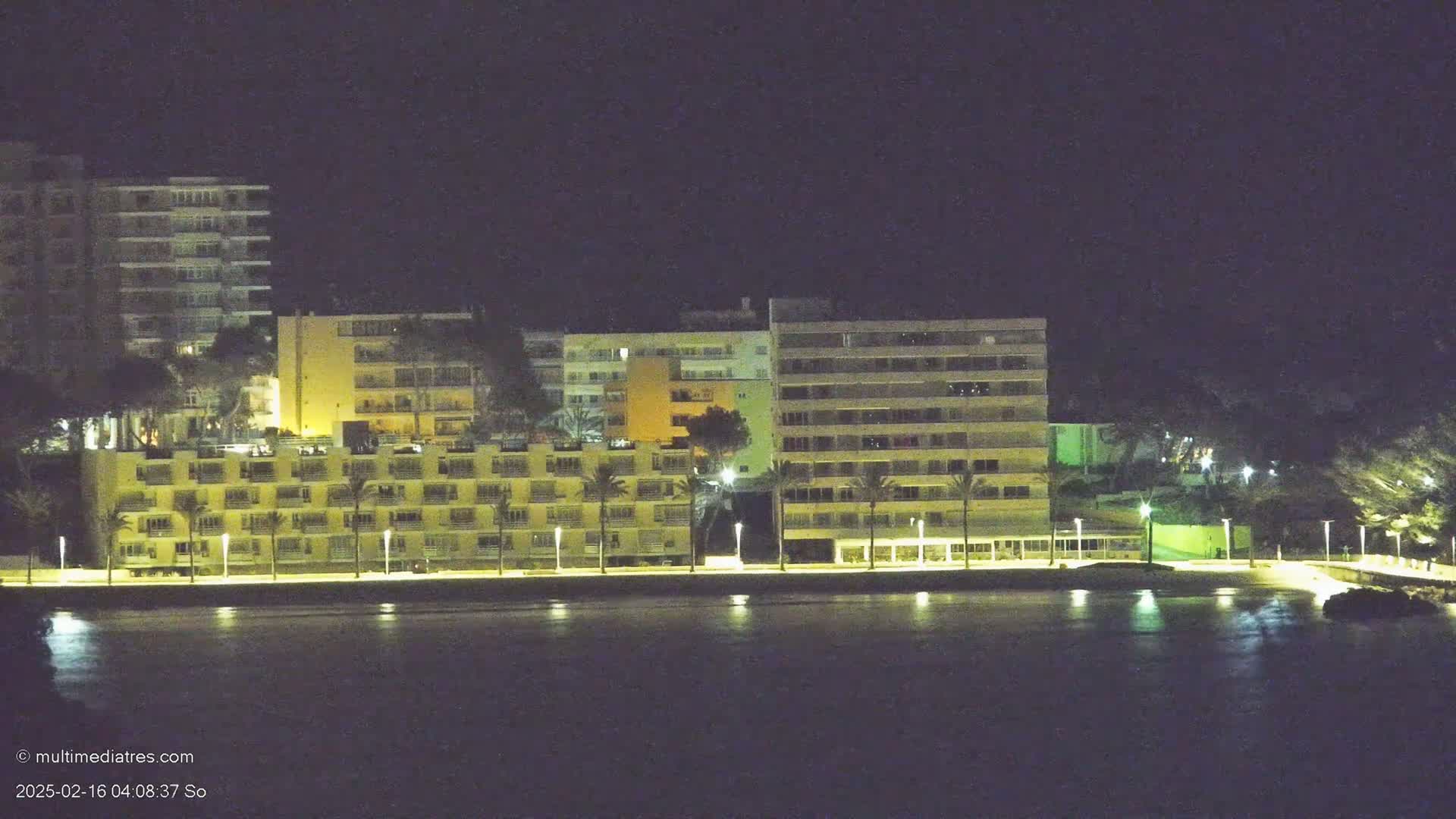 At night, several illuminated buildings stand along a dark, calm body of water, lined with palm trees and streetlights.