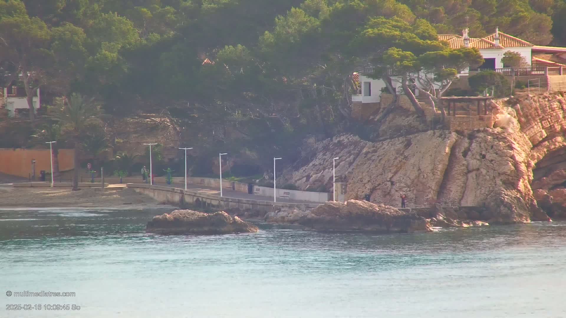 A paved walkway leads to a beach beside a rocky cliff, where houses are nestled among pine trees on a sunny day.