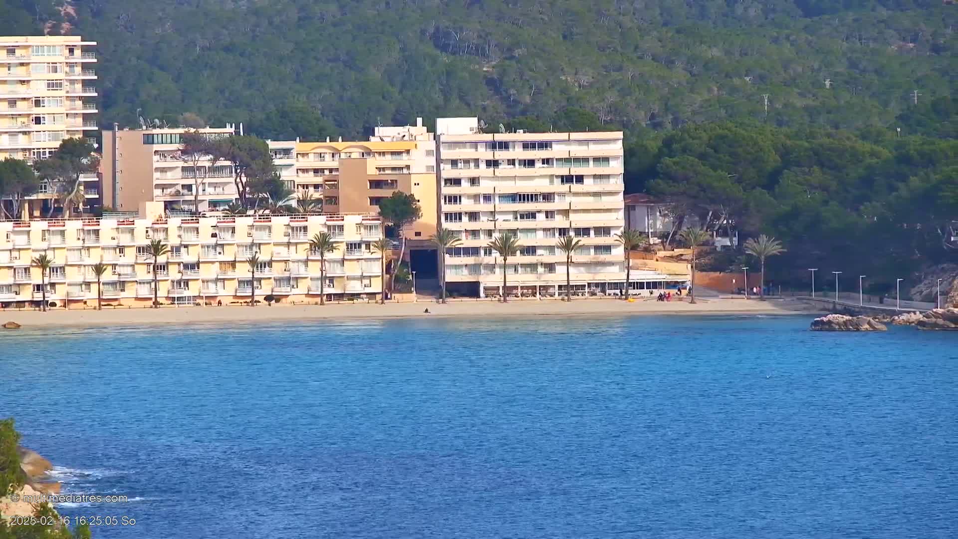 A beachfront area with several multi-story buildings, palm trees, and a sandy beach, all situated against a backdrop of lush green hills under a clear sky.