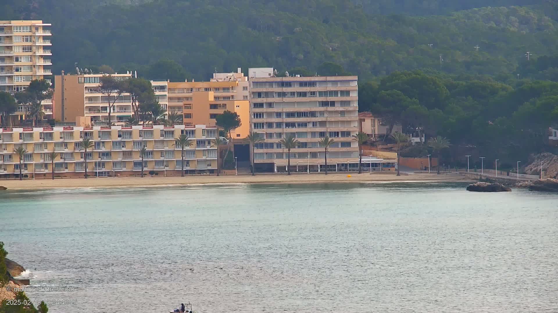 A sandy beach with several multi-story buildings sits on the edge of calm, light-blue water, backed by a hill covered in dark green trees.