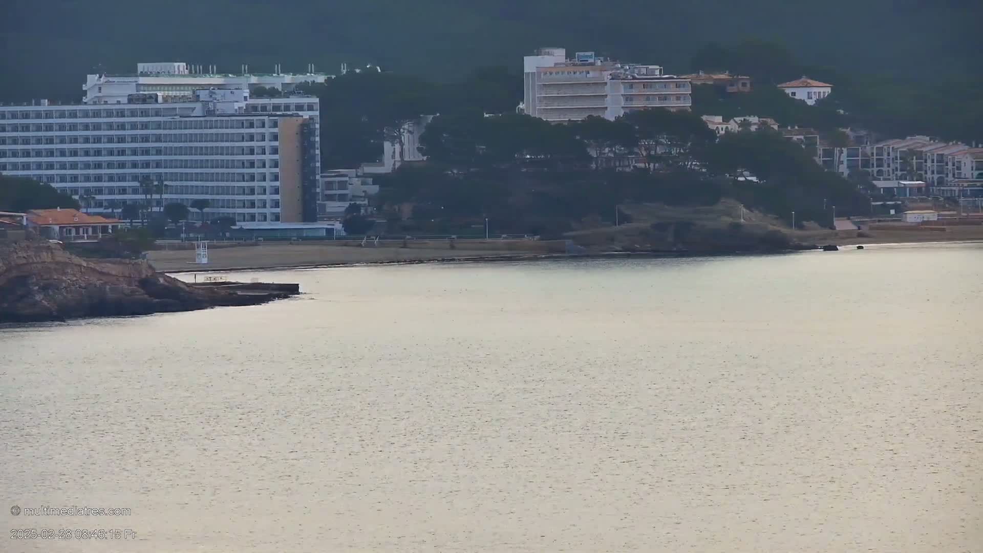 A calm, light-colored body of water lies in front of a beach and several buildings nestled among dark green trees on a hillside.