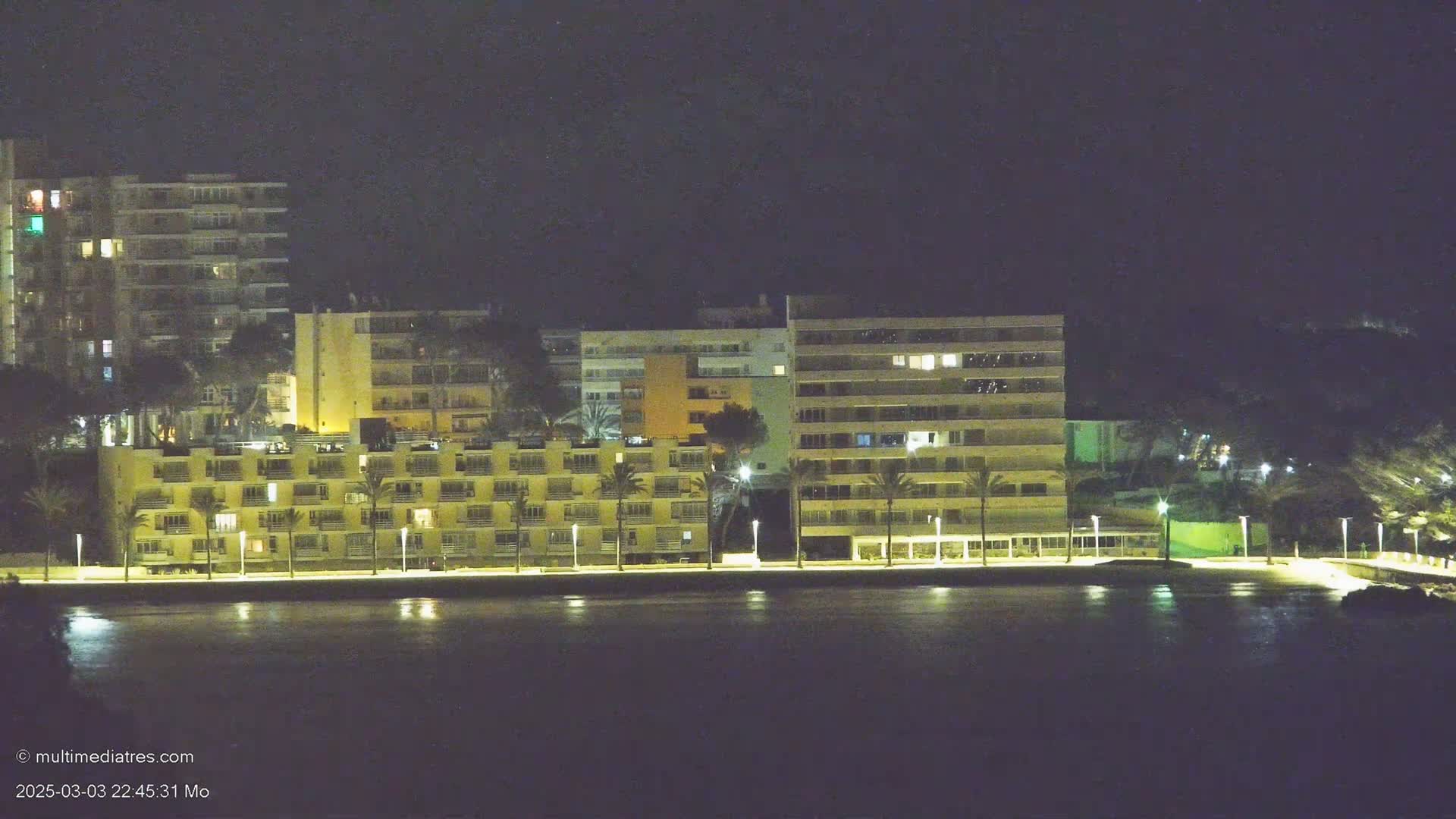 A row of illuminated multi-story buildings stands along a waterfront at night.