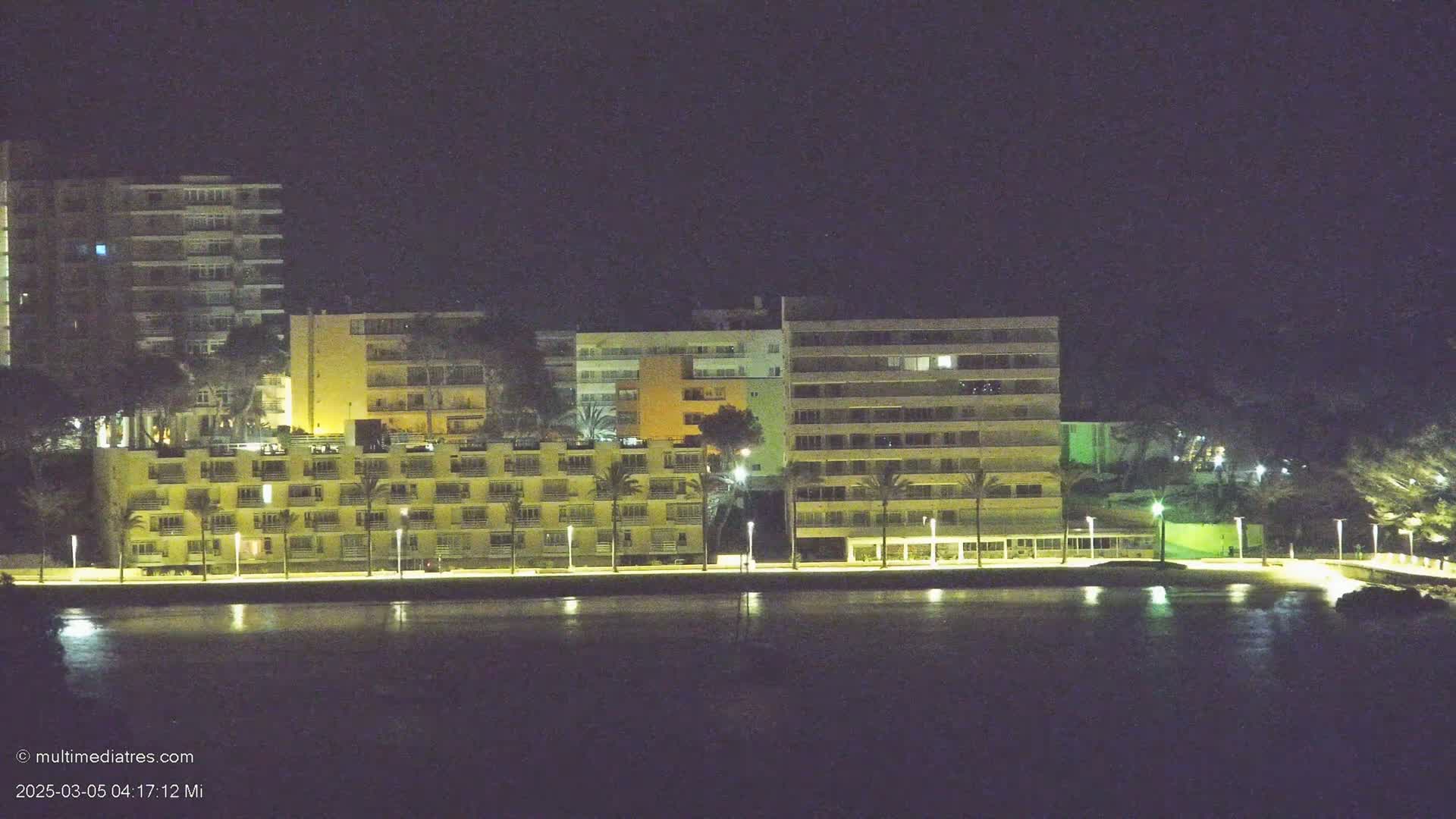 At night, a row of illuminated buildings sits along a waterfront, with palm trees lining the walkway.