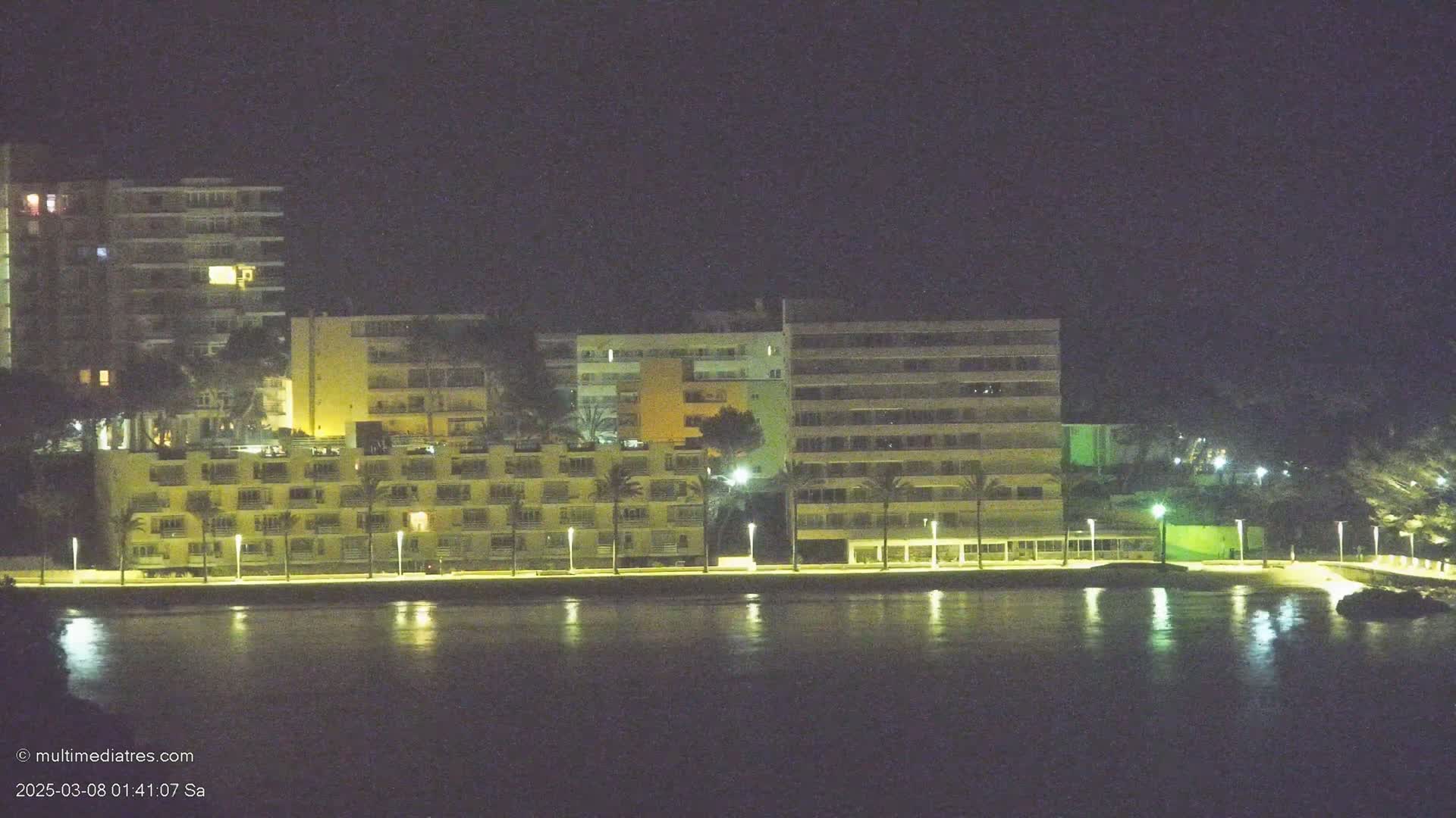A line of illuminated buildings stands along a dark waterfront at night.