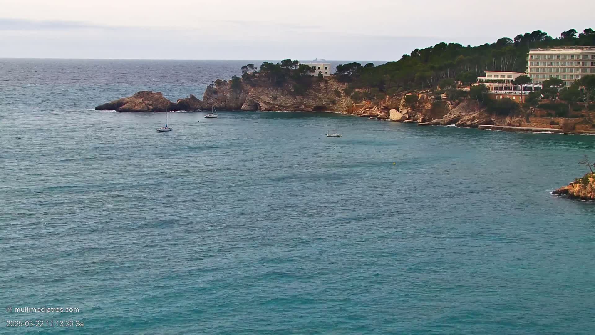 A calm, blue sea laps against a rocky coastline where a large hotel sits nestled among pine trees under an overcast sky.