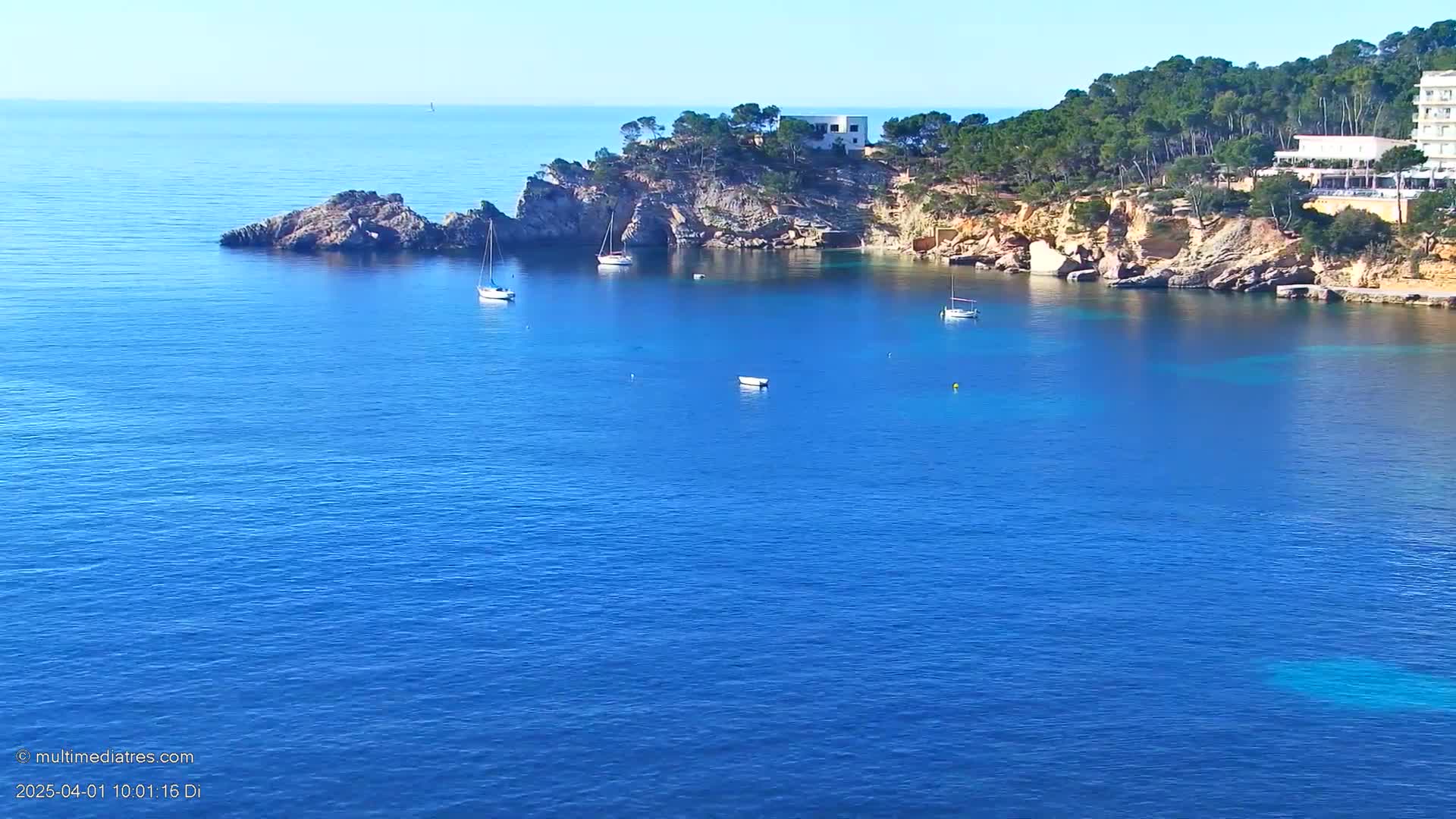 Several sailboats are anchored in a calm, clear blue ocean cove next to a rocky shoreline with green trees and buildings.