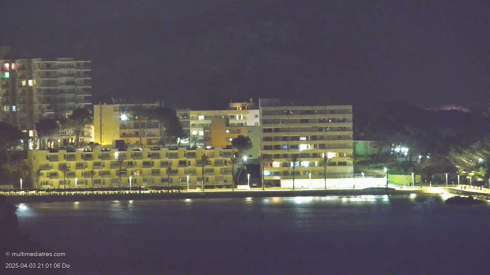 At night, several multi-story buildings with lit windows line a waterfront, palm trees are visible in front of the buildings, and the water is calm.