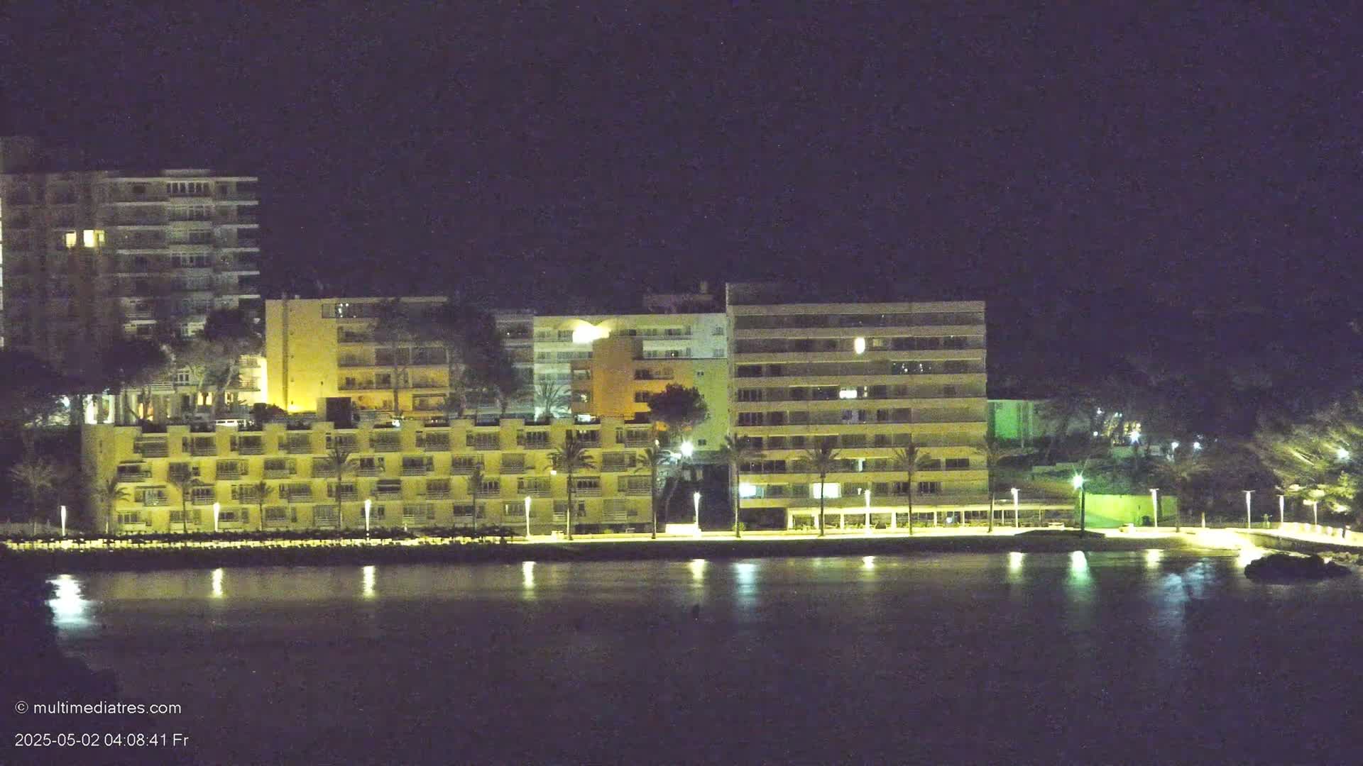 Several illuminated buildings line a waterfront at night, palm trees are visible in front of the buildings, and the water reflects the lights.