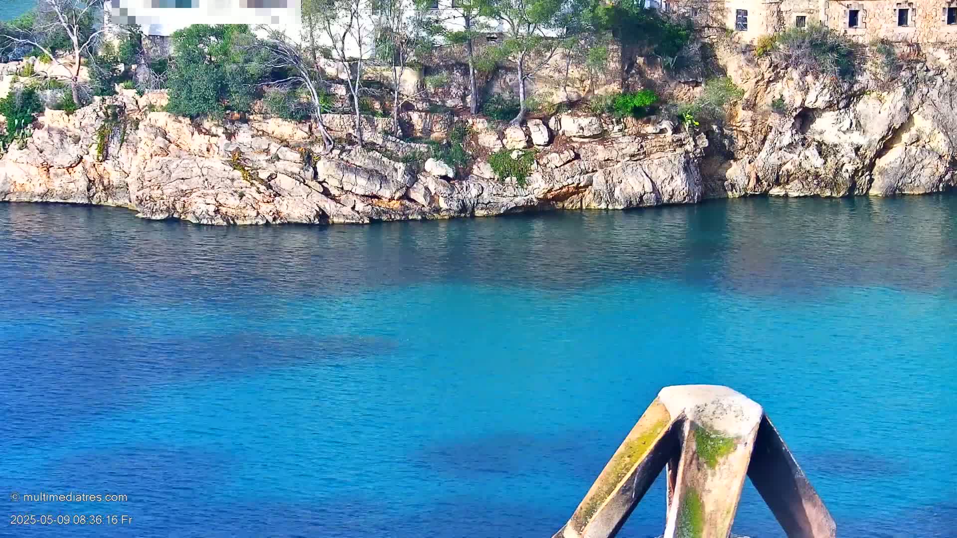 Bright blue water laps against a rocky shore where sparse vegetation grows next to a building.