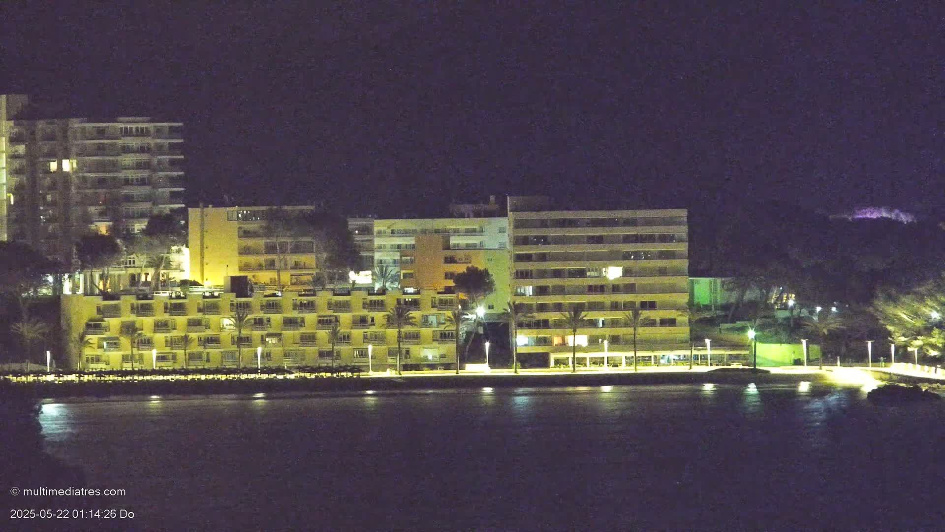 At night, several illuminated multi-story buildings stand along a dark body of water, palm trees lining the waterfront.