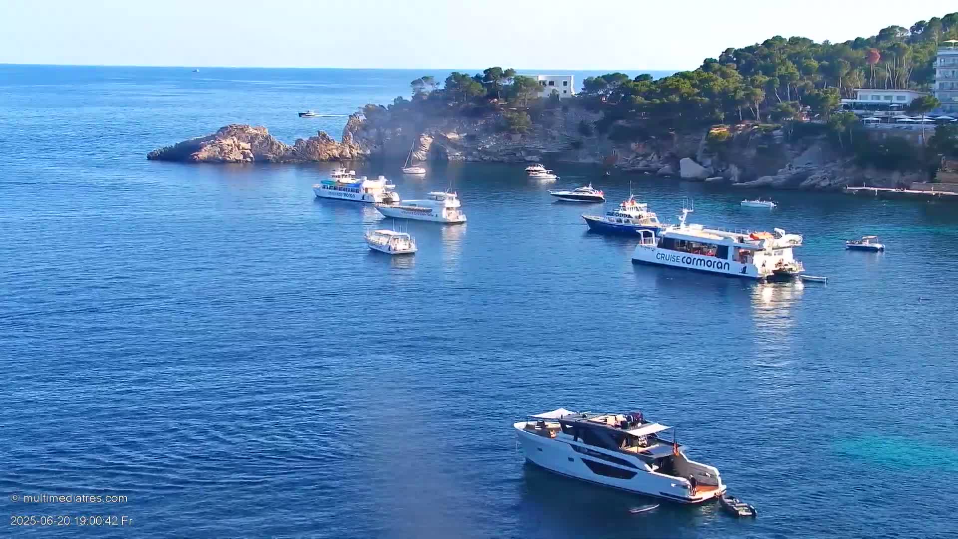 Several boats and yachts are moored in a calm, blue ocean cove next to a rocky, tree-covered shore on a sunny day.