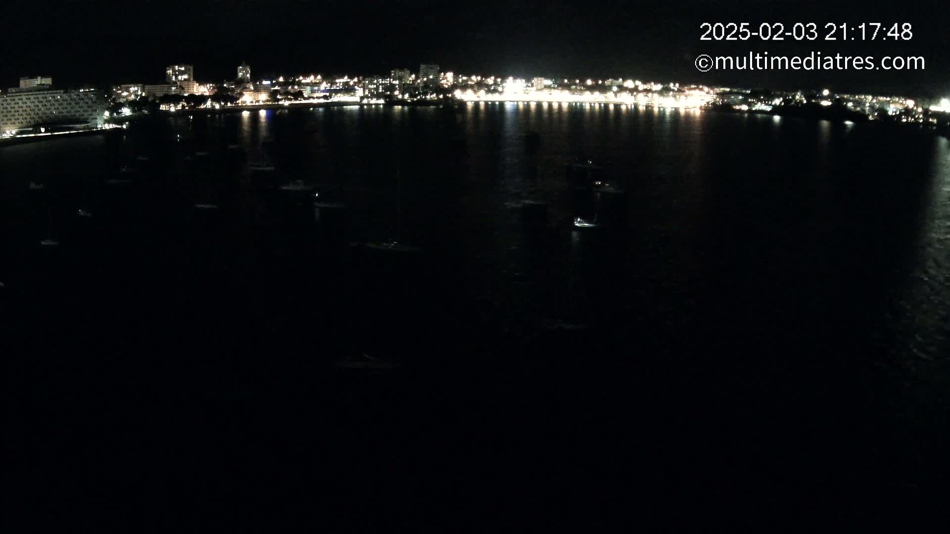 At night, a body of dark water dotted with small boats lies in front of a brightly lit city skyline.